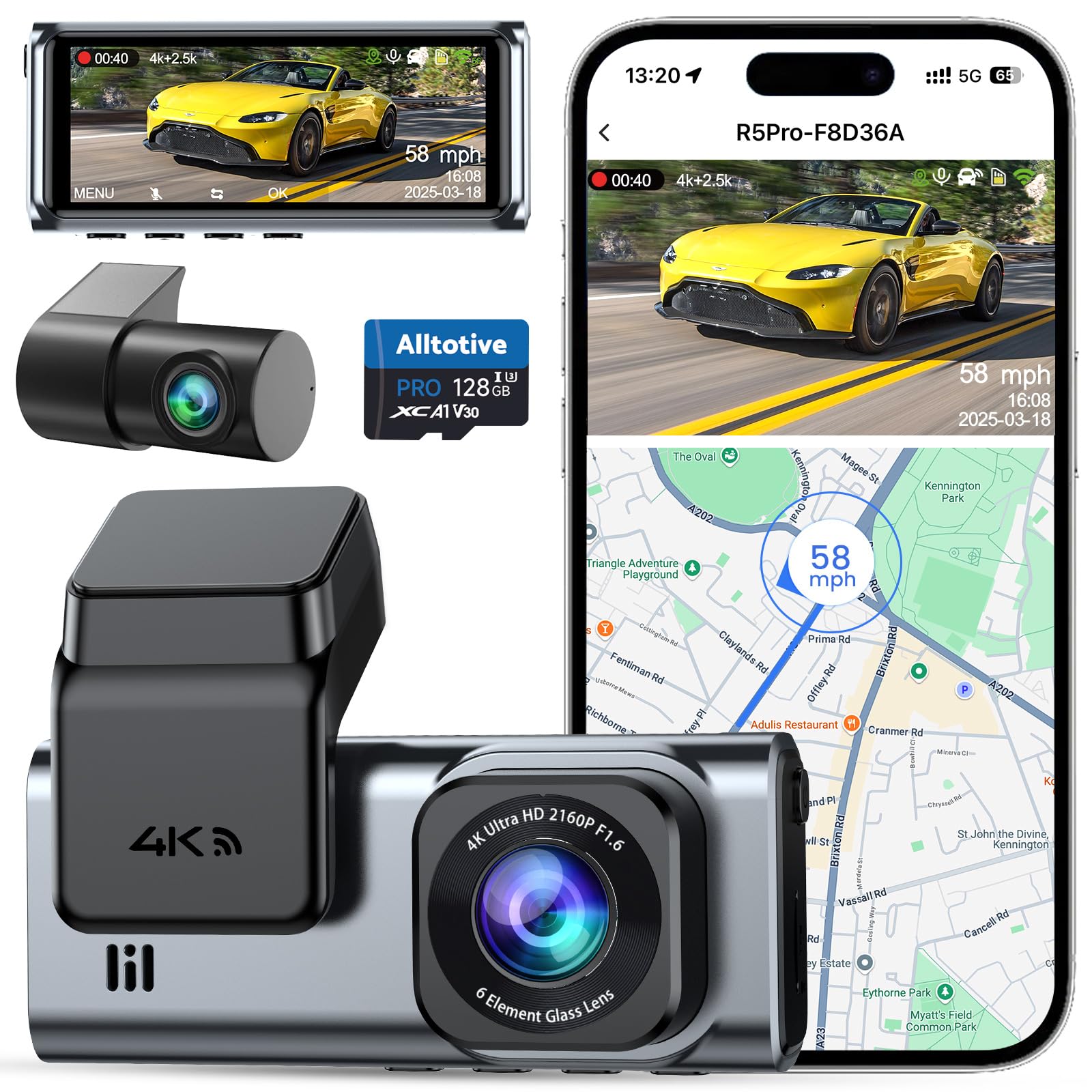 R5 Pro Dash Cam 4K/2.5K per Auto, Telecamera Doppia Anteriore e Posteriore, WiFi 5GHz, GPS, SD 128GB Inclusa, Schermo IPS 3.16", Parcheggio 24H, Visione Notturna, G-Sensor, 256GB Max