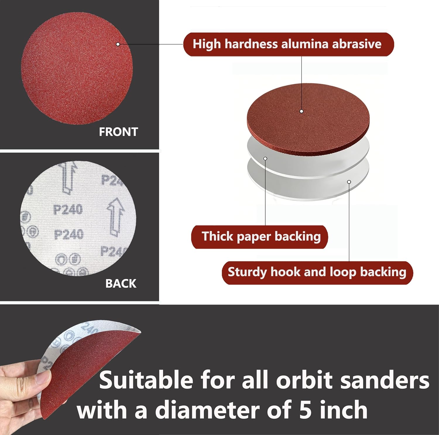 120 PCS 5 Inch Red Round Sandpaper，60 80 100 120 150 180 220 240 320 400 600 800 Grit Sanding Discs ，Hook-and-Loop Abrasive Sander Paper for Random Orbit Floor Drywall Sander