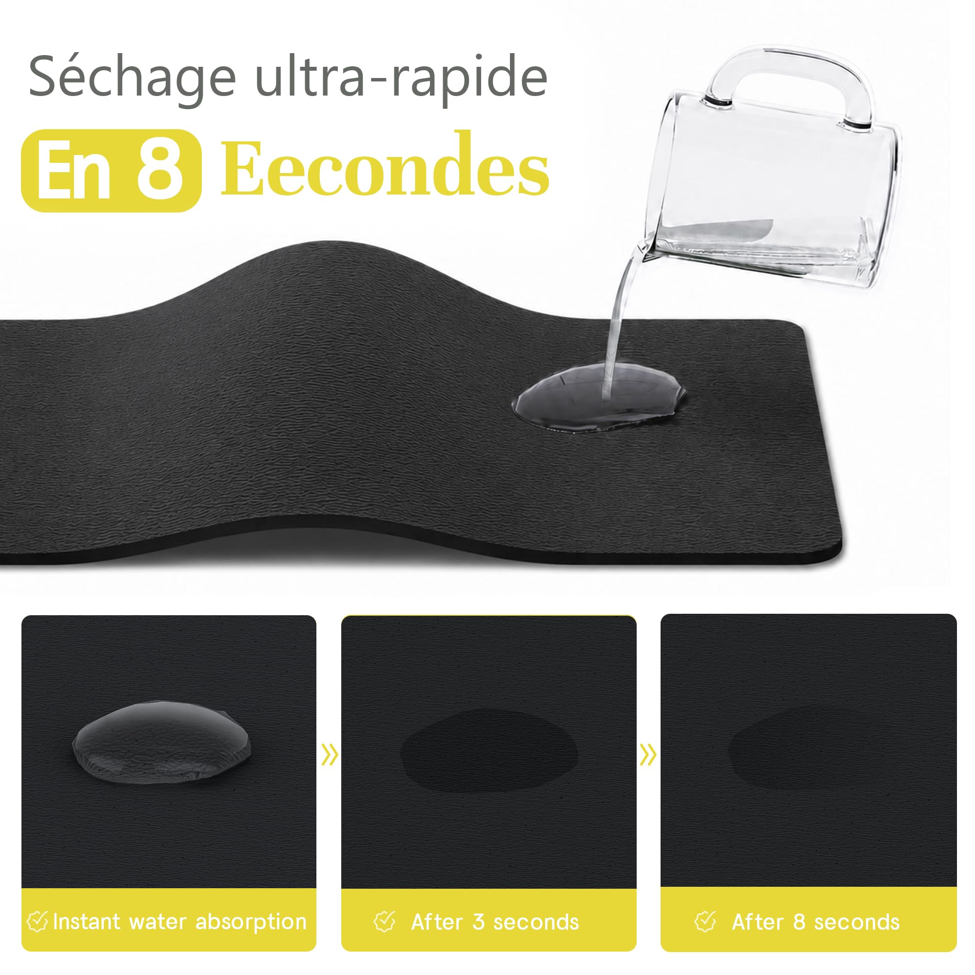 Tapis Absorbant Vaisselle et Egouttoir INOX, Grand, Noir | Tapis de sechage vaisselle facile à nettoyer avec egouttoir vaisselle inox. Parfait pour plan de travail.