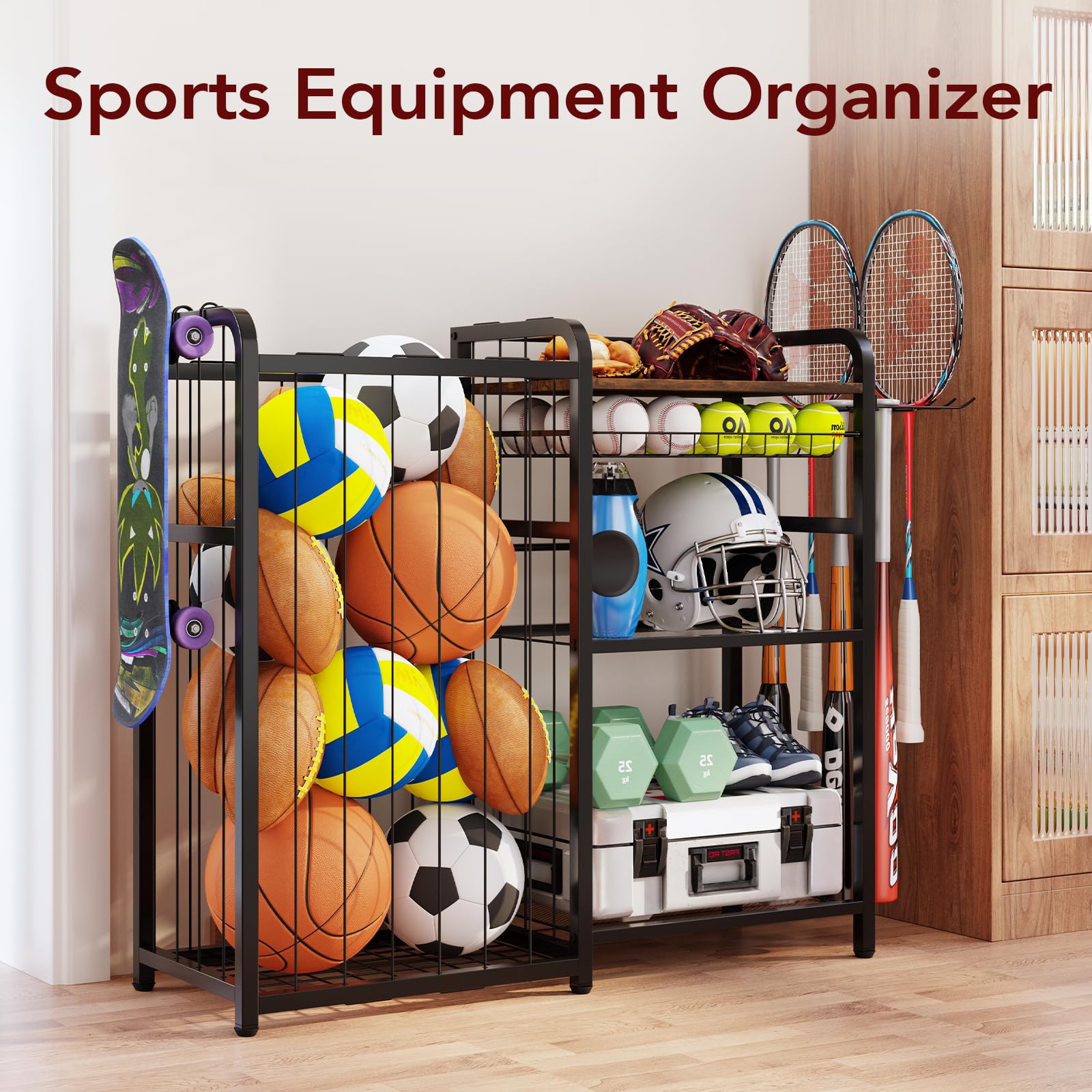 Homsorout Organizer für Sportgeräte, Ballaufbewahrung mit elastischen Bändern und abnehmbarem Korb für Garagenorganisation