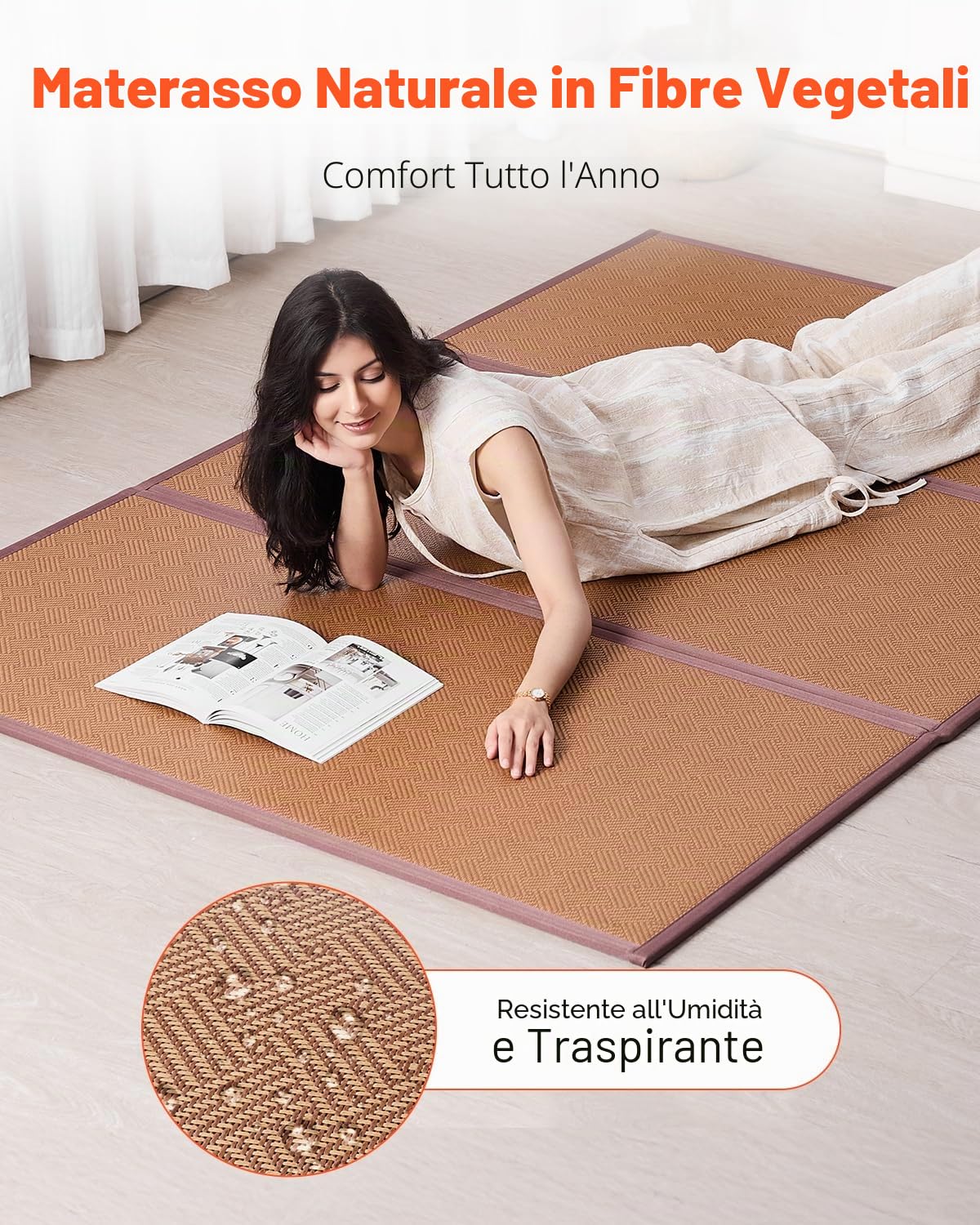 VEVOR Tappetino Tatami, Materasso Pieghevole in Rattan Naturale Intrecciato a Mano, Antiscivolo e Facile da Pulire, Tappetino Traspirante Estivo per Meditazione Yoga 2032 x 1397 x 13 mm