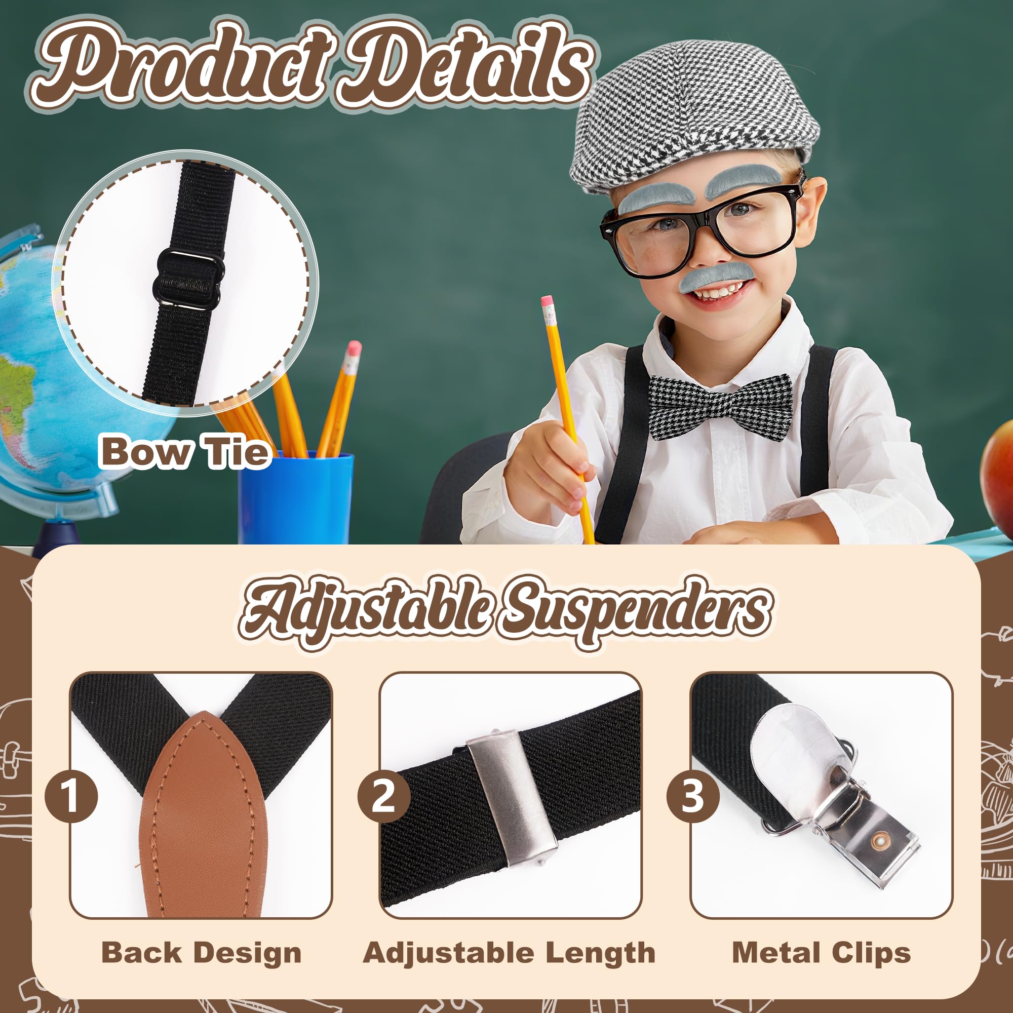 8 Pcs Old Man Costume Set for Kids Grandpa Fancy Dress Set Old Person Costume Accessories with Beret Inflatable Cane Suspender Tie Glasses Fake Beard Eyebrows for Halloween Party Cosplay Dress Up - Image 3
