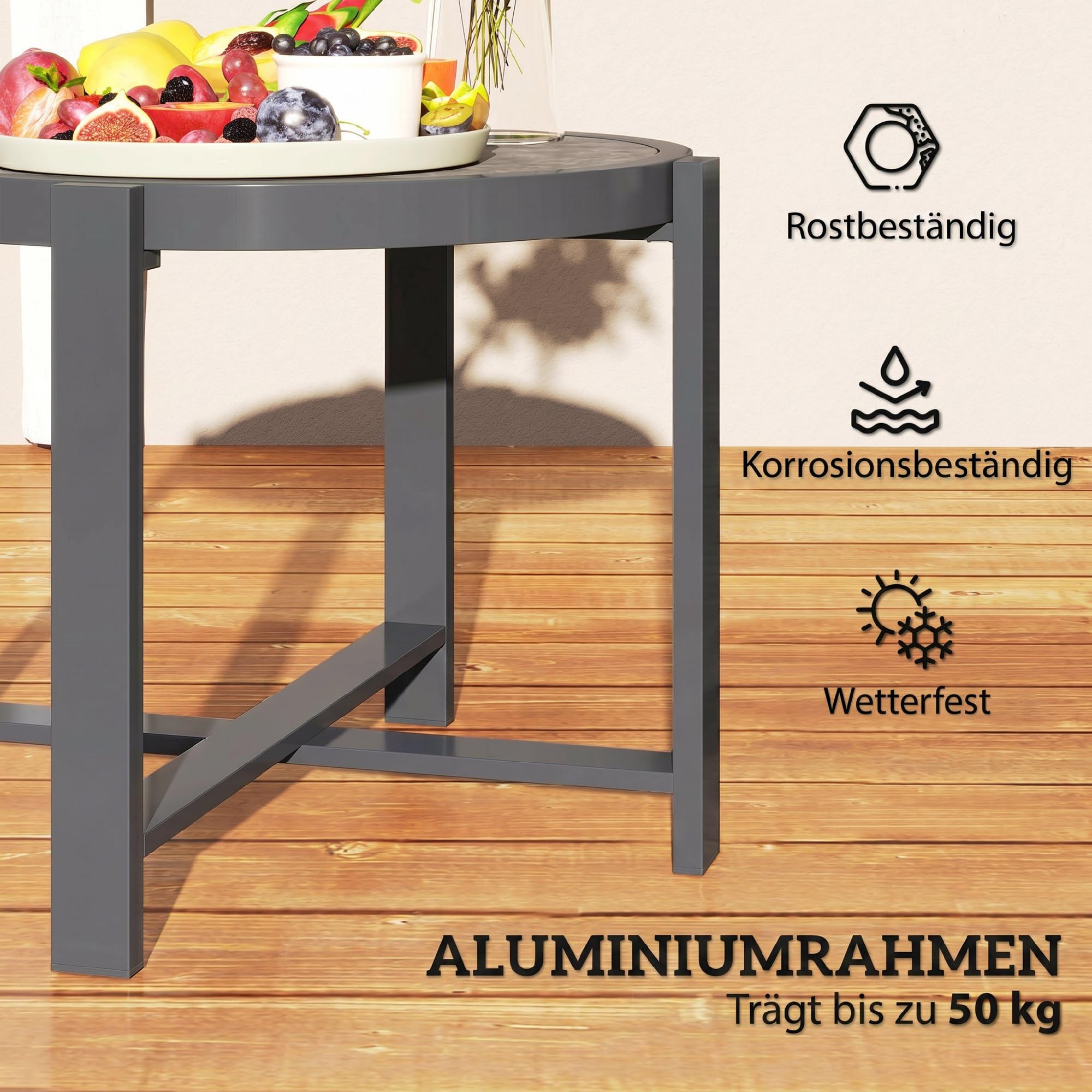 Outsunny Beistelltisch Gartentisch Rund Wetterfest mit Marmoroptik Grau | Aluminium, Balkontisch, Campingtisch, Kaffeetisch, für Wohnzimmer Büro Outdoor Indoor