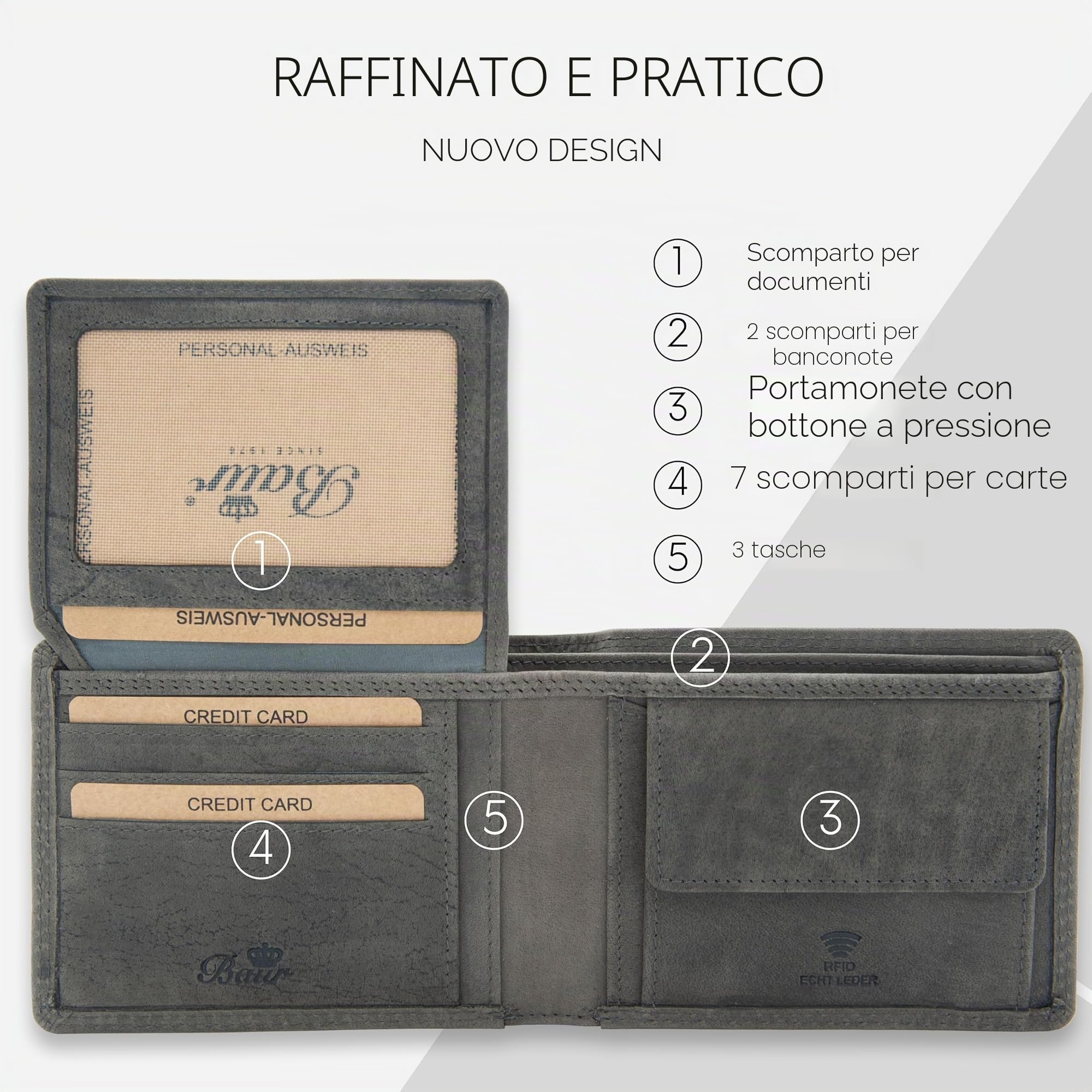 Baur portafoglio da uomo – vera pelle di bufalo con protezione RFID – portafoglio classico orizzontale con 7 scomparti carte e scomparto monete (Formato orizzontale grande, Grigio)