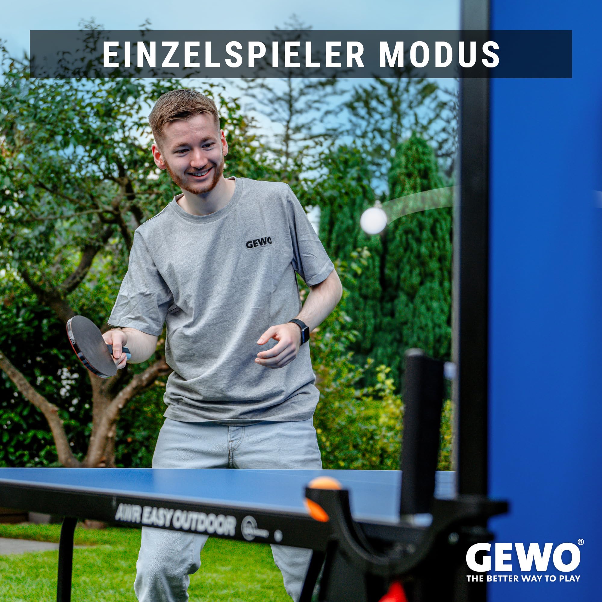 GEWO AWR Tischtennisplatte Outdoor – Wetterfest & klappbar – Melaminharz – ITTF Turniergröße – Mit Netz, Schläger & Bällen – Tischtennistisch - Made in Germany