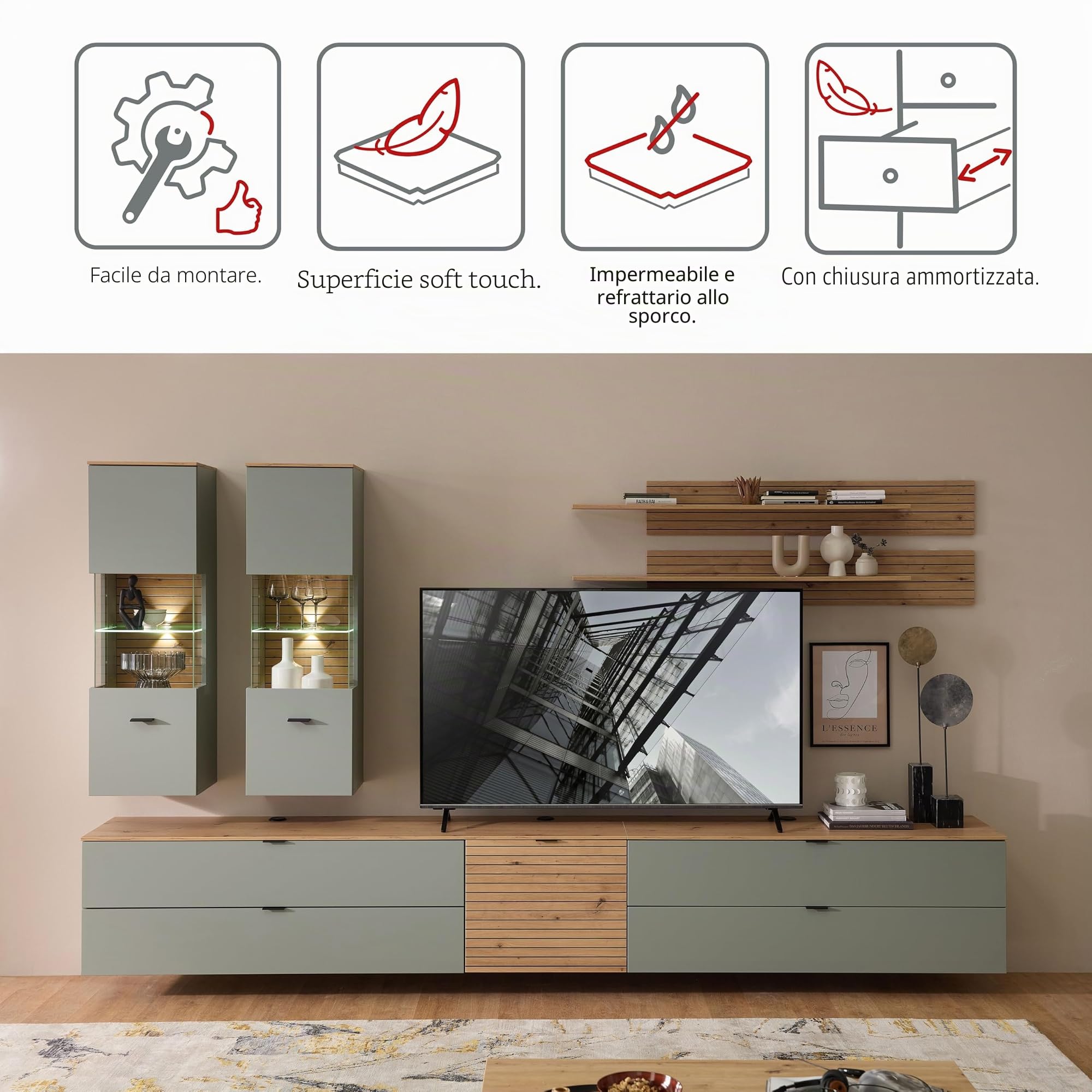 Stella Trading INA - Set completo da parete in verde canna, effetto rovere artisano, certificato FSC, 7 pezzi, con illuminazione a LED per il vostro soggiorno, 340 x 185 x 44 cm (larghezza x altezza x