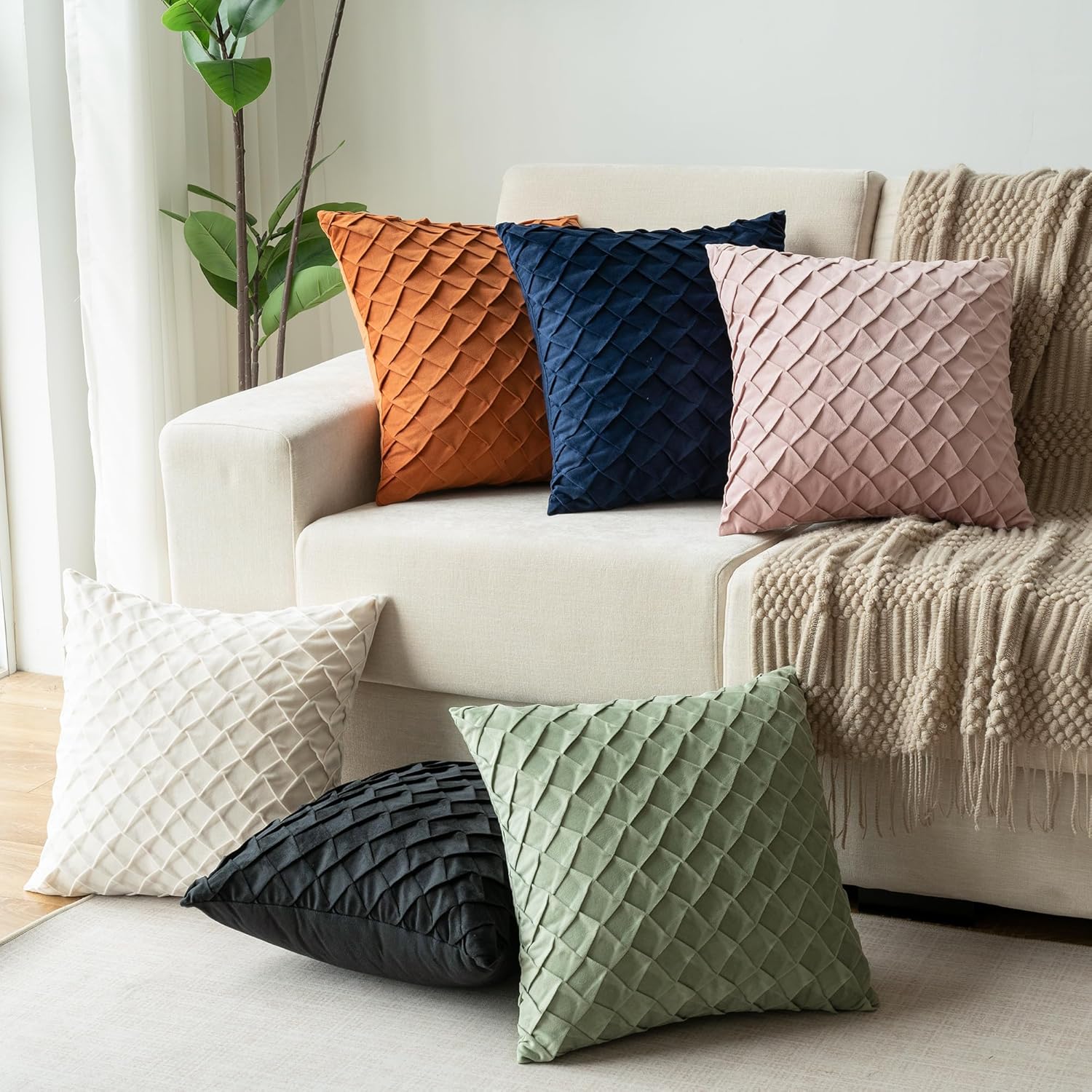 Velvet Decorative Throw Pillow Covers Set of 2, 18x18 Inch Soft Modern Weave Cushion Case, Farmhouse Home Decor Pillowcase for Sofa Living Room Couch Bed Sage Green - Image 2