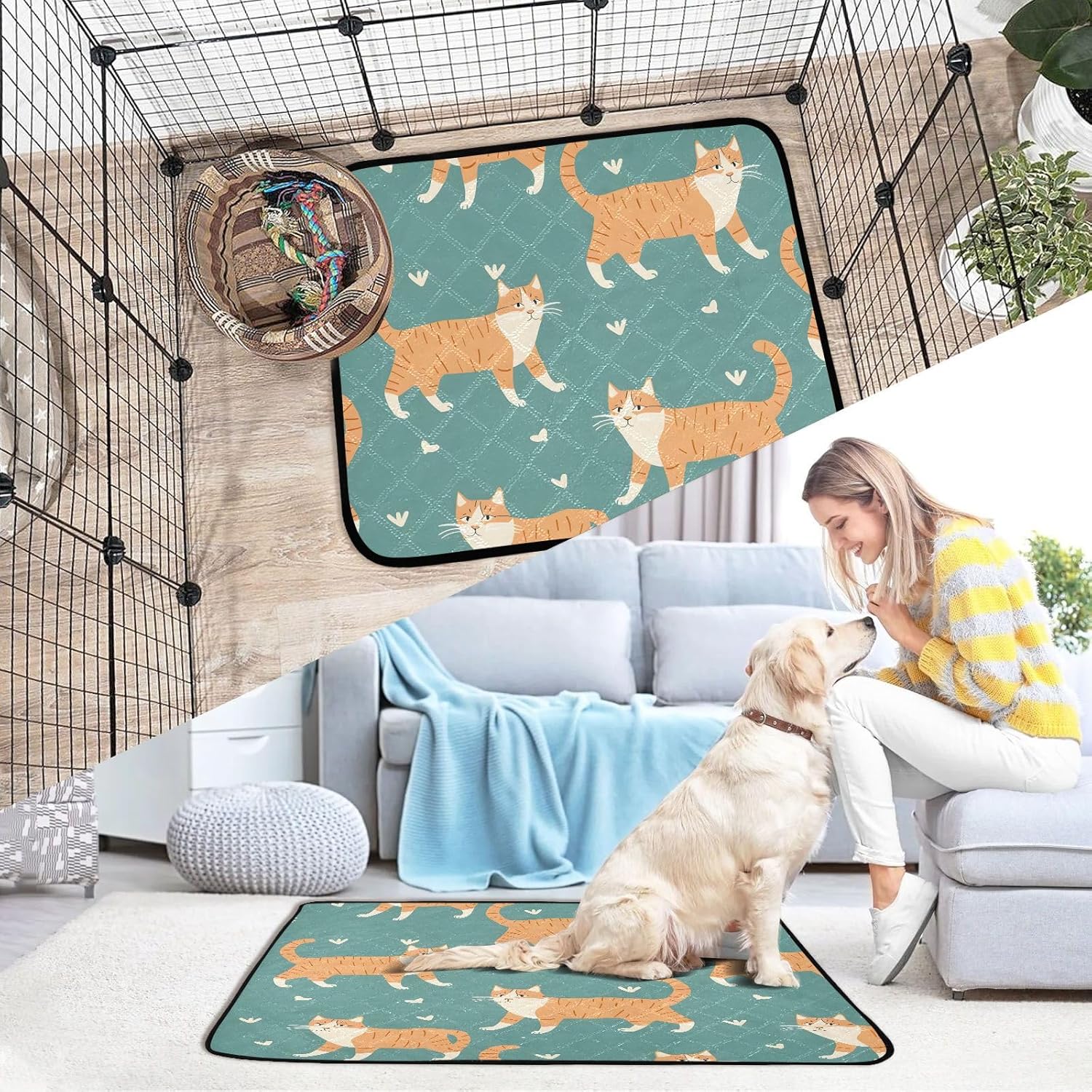 Cute Walking Orange Cat Pet Mat Reusable Feeding Mats for Food and Water Non-Slip Pee Pads for Dogs Cats 2 Packs