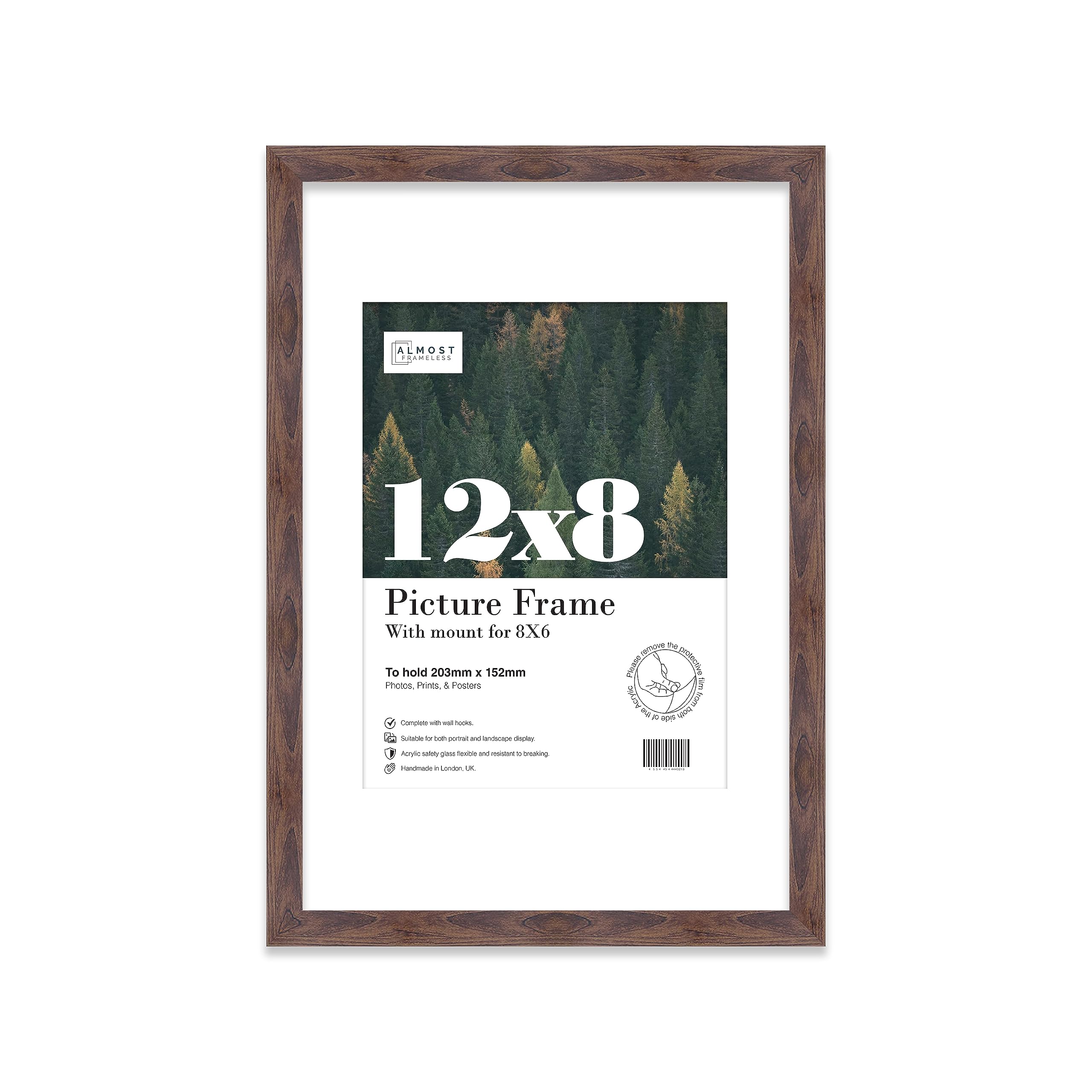Almost Frameless 12x8 Walnut Picture Frame With Mount for 8x6 Print, Poster or Photo Poster, Photo, Artwork, or Print. Thin Edge Slim Frame Portrait and Landscape Display with Wall Hooks