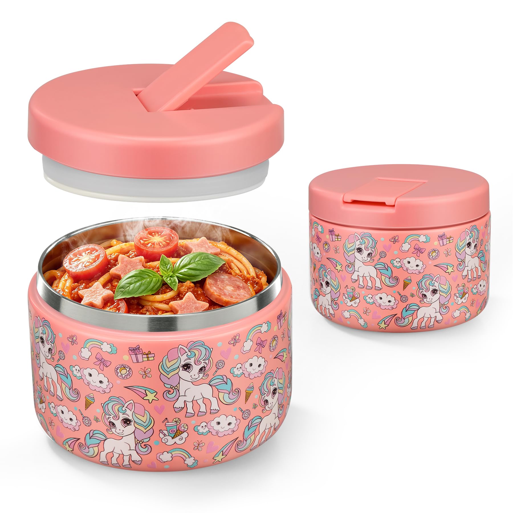 12oz Insulated Vacuum Food Jar with Buckle Lid Wide Mouth Soup Thermo for Hot Food Kids Leakproof Stainless Steel Lunch Container (Pink-Horse)