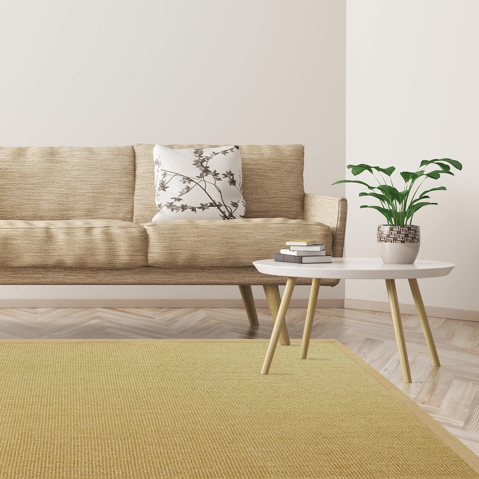KARAT Tapis en Sisal Amazonas 100% Naturel avec Bordures en Coton - Antistatique Antidérapant- Dos antidérapant en Latex, Tapis élégant écologique pour Salon Chambre Couloir (Nature, 200 x 200 cm)
