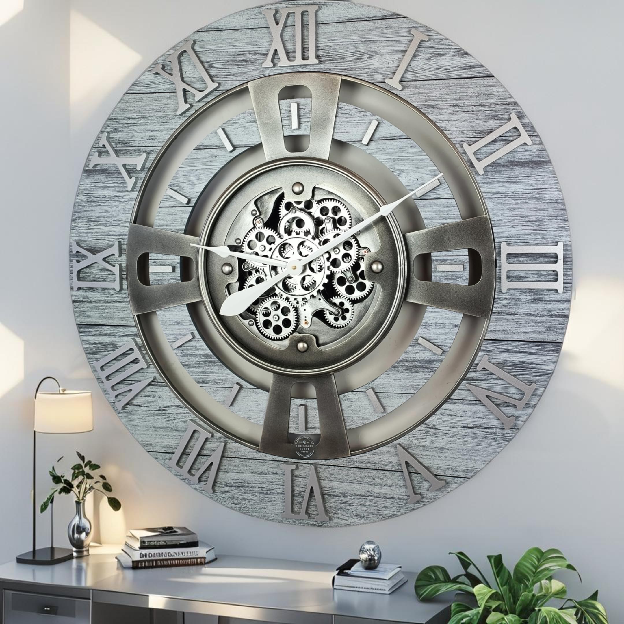 ImprovingLife The Gears Clock Real Moving Gear Wall Clock England Line (Silver Grey, 24 inches (60 cm))