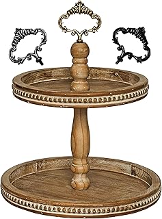 2 Tiered Tray Wooden Serving Stand by Felt Creative Home Goods. Small Beaded Tray for Home Decor Display Farmhouse Country...