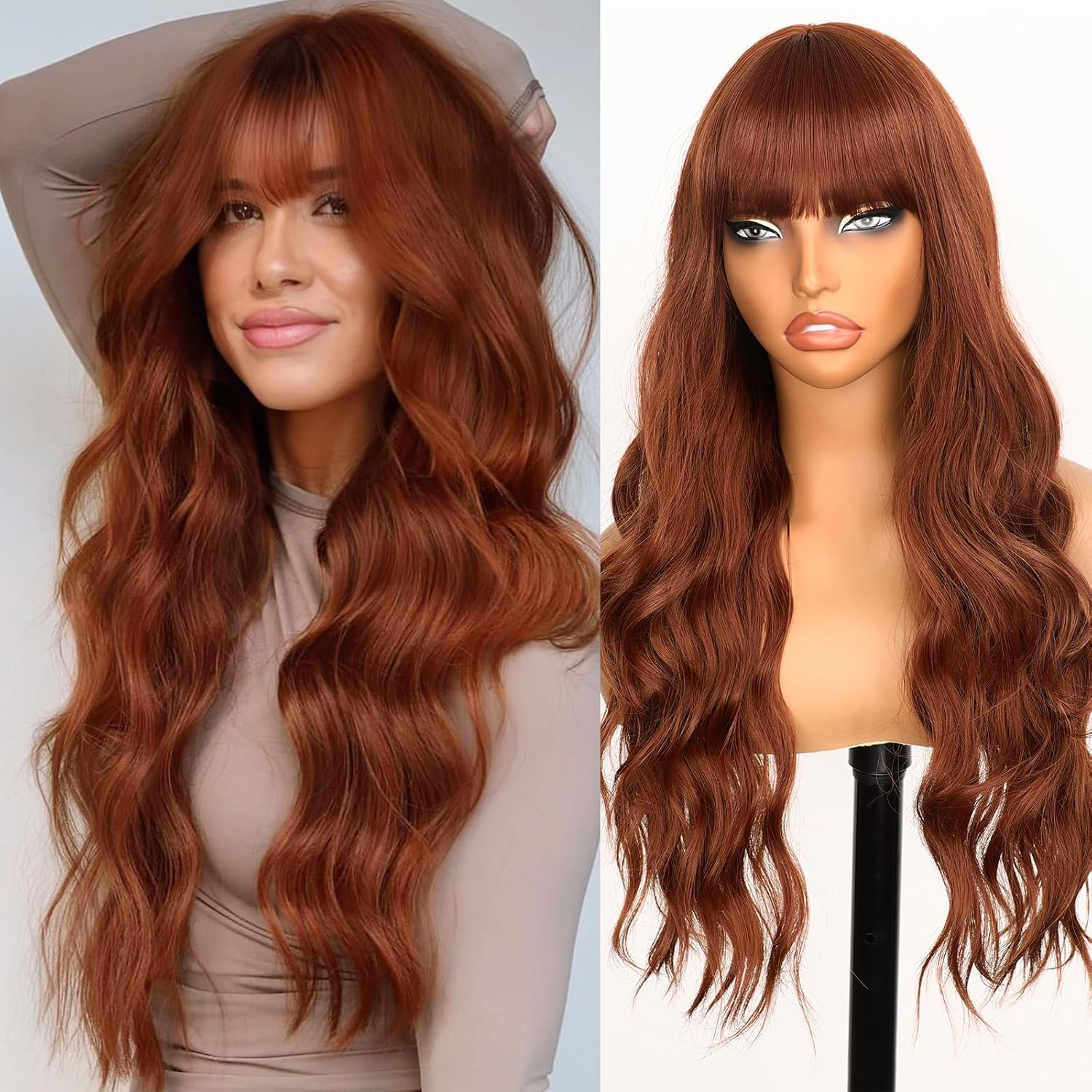 ORSUNCER Long Wavy Wigs with Bangs for Women Ombre Wig Synthetic Wavy Hair wigs for black white women for Daily Party 26 Inches Copper Red