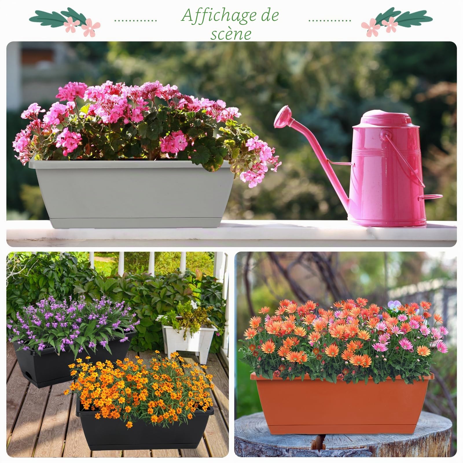 Lot de 12 jardinières rectangulaires en Plastique avec Trous de Drainage et Plateaux pour intérieur et extérieur, terrasse, Jardin, décoration d'intérieur, Porche, Cour (Gris)