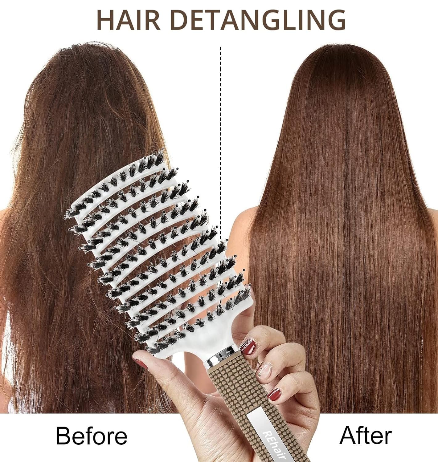 REhair Detangling Hair Brush - Curved Vented Brush Faster Blow Drying - Professional Styling Hair Brushes for Women, Men & Children - Wet & Dry, Curly & Thick, Straight Hair (White, With Boar Bristles) 1