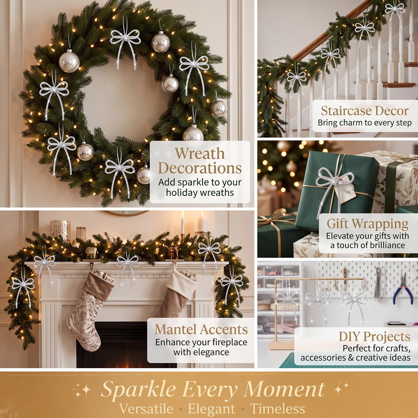 Pinkunn 20 fiocchi natalizi con strass, con design a doppio strato, con strass scintillanti, con cravatta intrecciata, decorazione per albero di Natale, ghirlande, confezioni regalo (bianco)