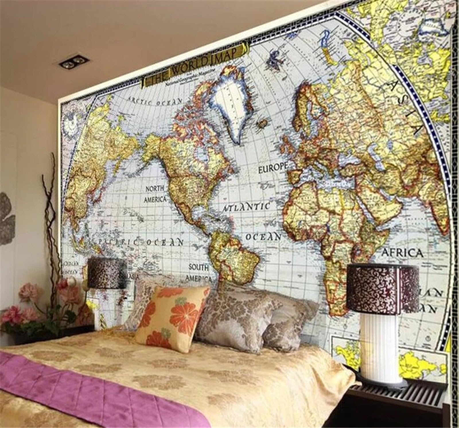 Wallpaper-3D-Xlm 430Cm×300Cm(B×H) Retro Hand Drawn Creative World Map Art 3D Wallpaper Easy Install Feature Office Living Room Sofa Bedroom Tv Background Wall Decoration-430Cm×300Cm