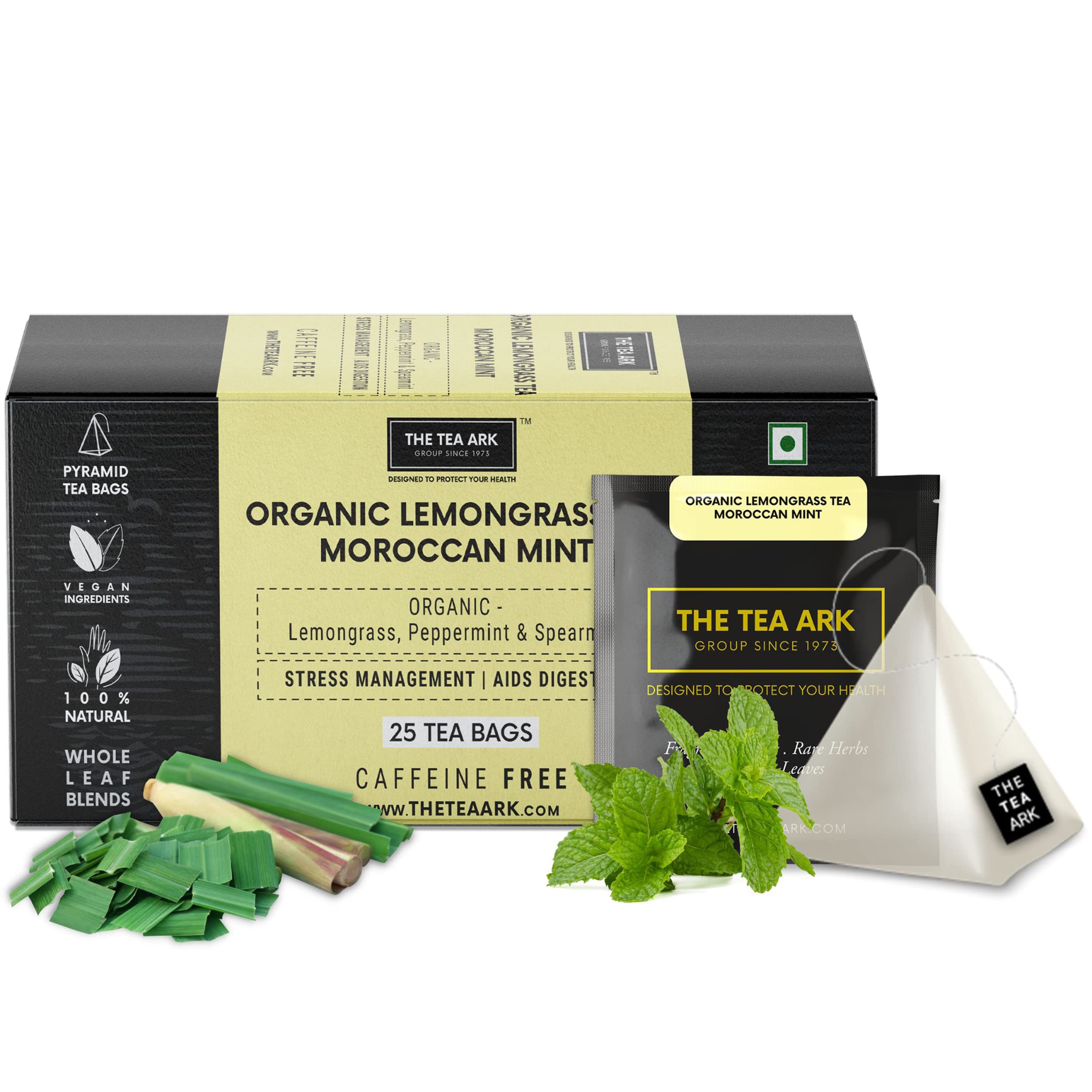 The Tea Ark Lemongrass Tea With Moroccan Mint (Spearmint) & Peppermint, Tea Bags, Caffeine Free Herbal Tea, For Stress Relief, Daily Detox & Digestion Support 25 Count (Pack Of 1)