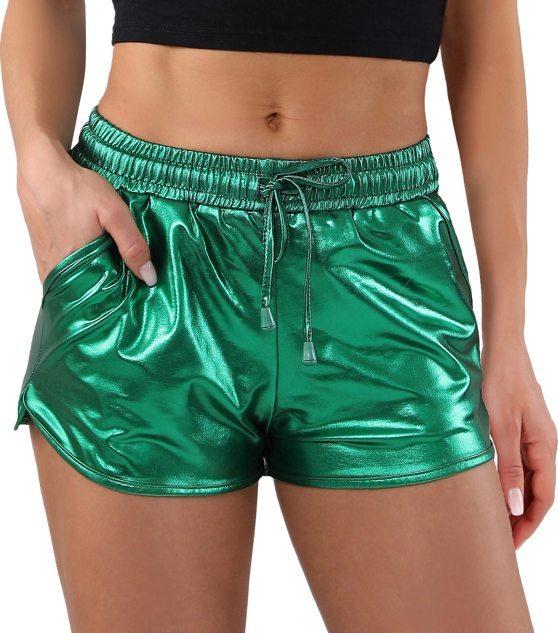 POSHDIVAH Metallic Shorts for Women Hot Sparkly Shiny Shorts with Elastic Drawstring