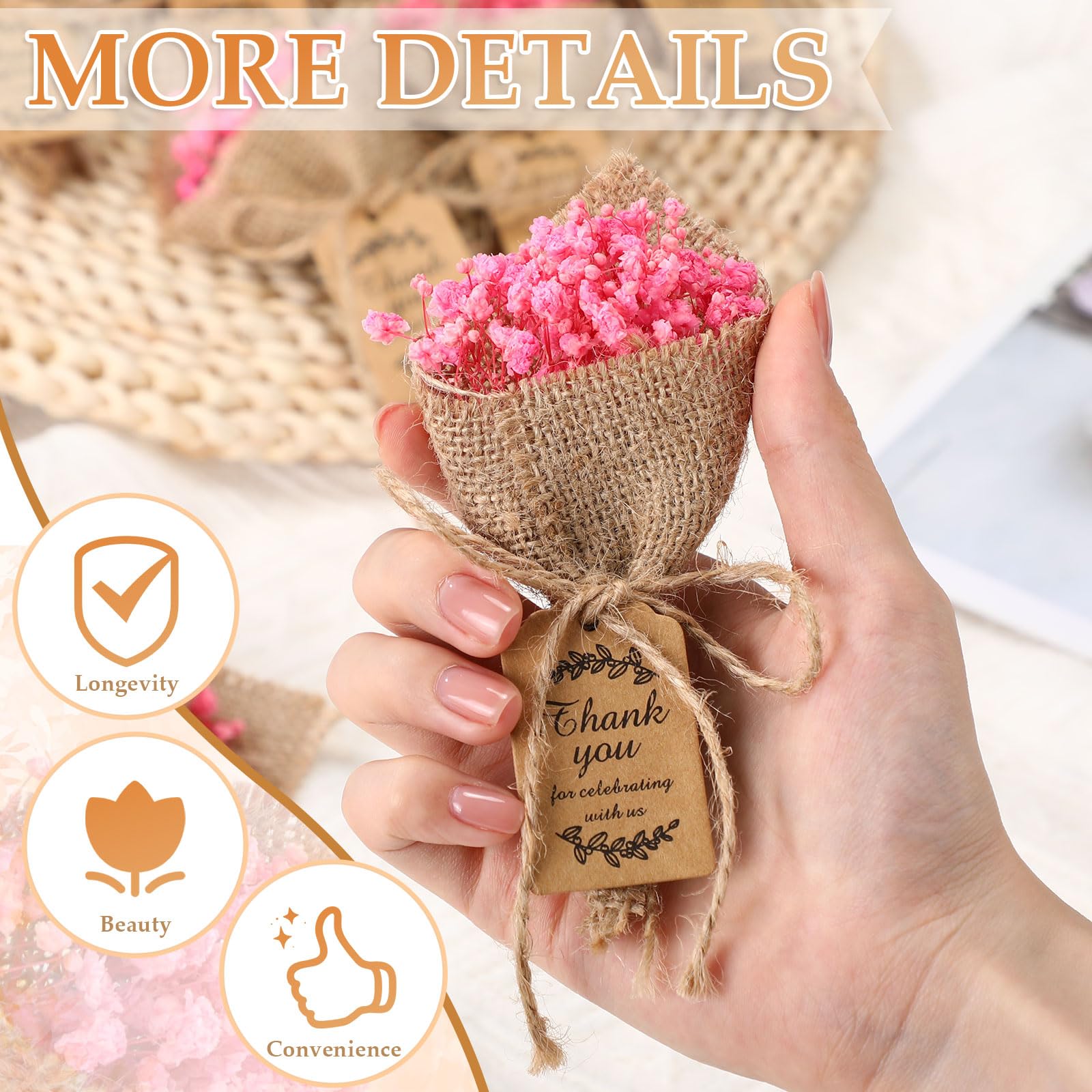 Kingdder Mini-Magnet-Trockenblumensträuße, Gastgeschenke für Gäste, rustikale Baby-Atem, Brautparty, Hochzeit, Taufe, Gastgeschenke mit Dankeskarten, Rückgabe, Hochzeits-Souvenir, Rosa, 24 Stück