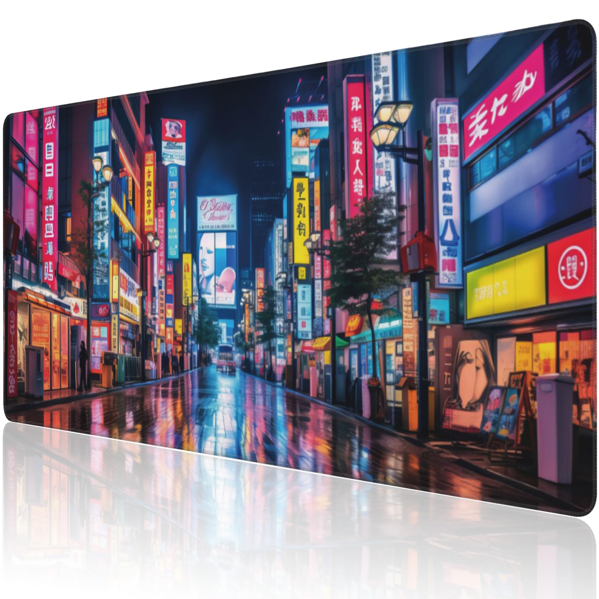 Desk Mat, Japanese Tokyo Street Night View Extended Large Gaming Mouse Pad for Desk, Non-Slip Rubber Base Stitched Edges Long Computer Keyboard Desk Pad Mouse Mat for Home Office Gaming 35.4"X15.7"