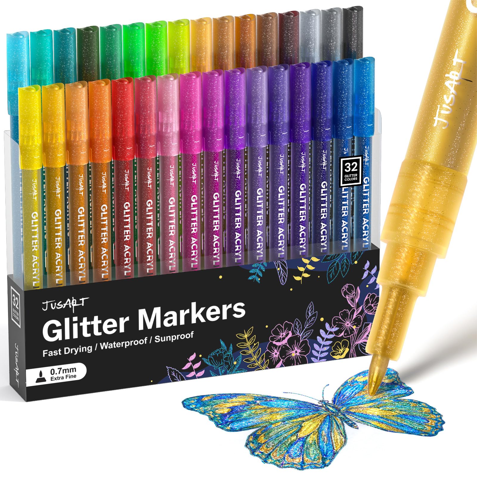 JusArt 32 Colors Acrylic Glitter Markers, Glitter Paint Pens, 0.7mm Fine Point Tip Metallic Glitter Pens, Kids Adults DIY Crafts Making, Greeting Birthday Cards Present, Drawing, Scrapbooking Supplie