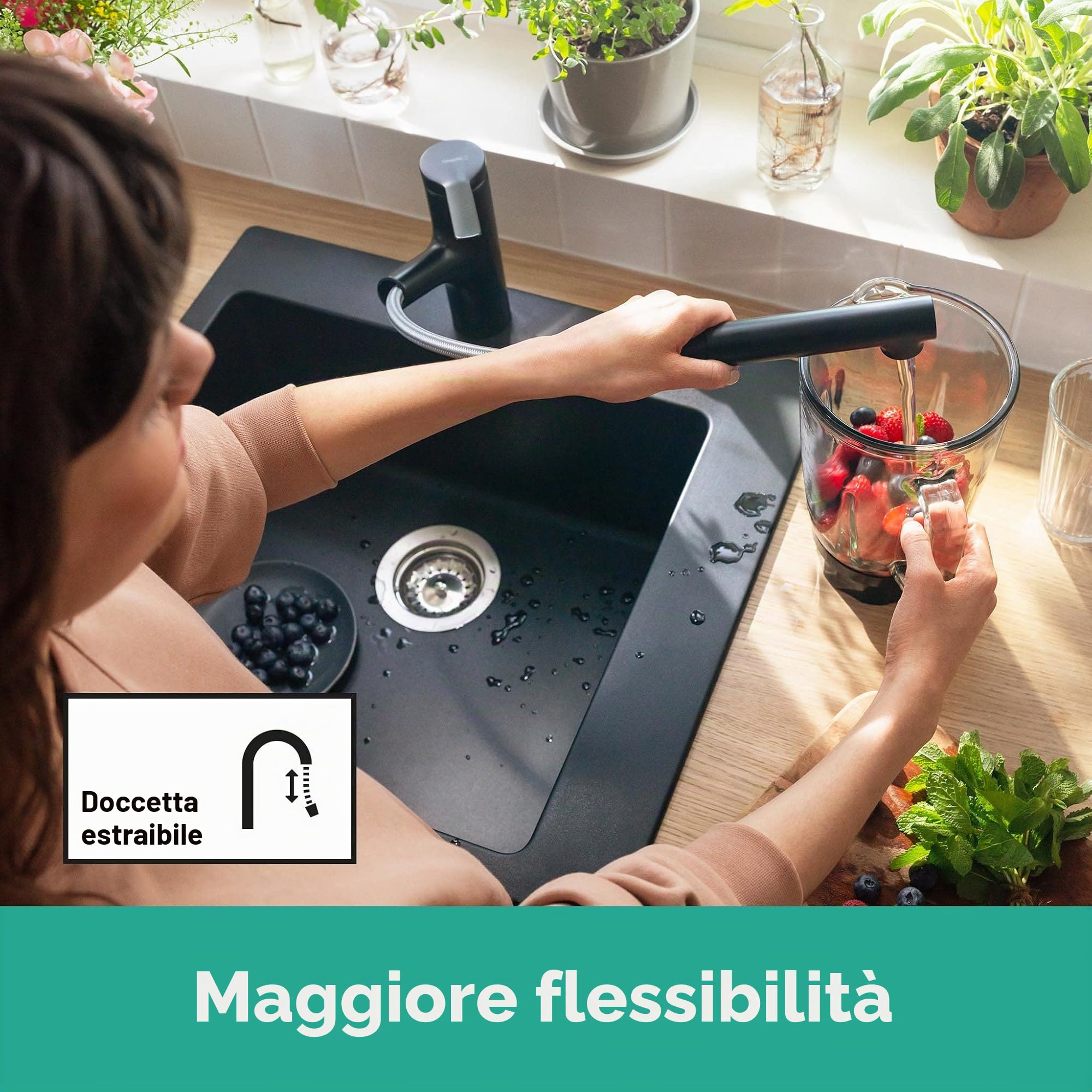 hansgrohe Zesis M33 Miscelatore monocomando cucina 150, doccetta estraibile, 2 tipi di getto, Nero Opaco, 74800670
