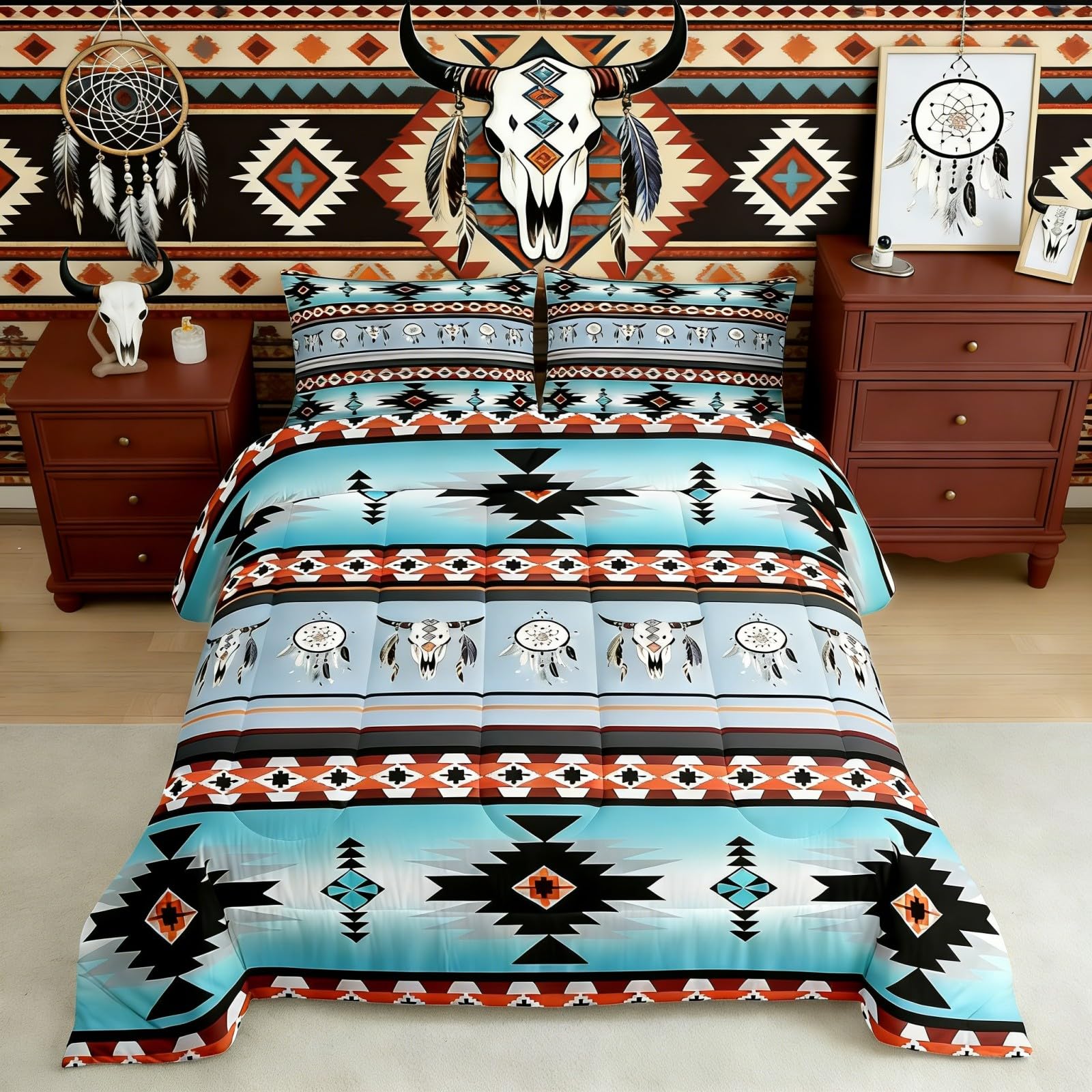 Erosebridal Western Bedding Set King,Southwestern Comforter Set Exotic Bull Skull Duvet Insert for Kids Child,Dream Catchers Aztec Bed Quilt Tribe