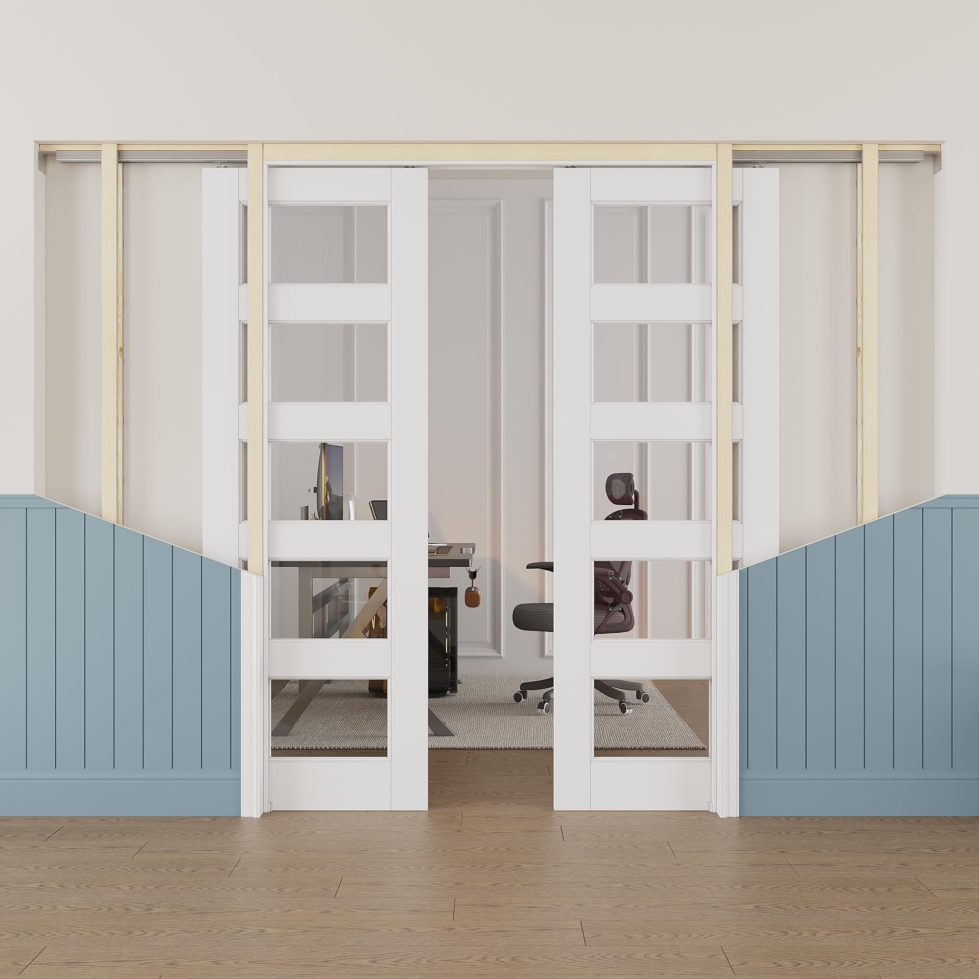 48x80 Sliding Double Pocket Door,5 Lite Clear Glass Doors,Hidden Doors