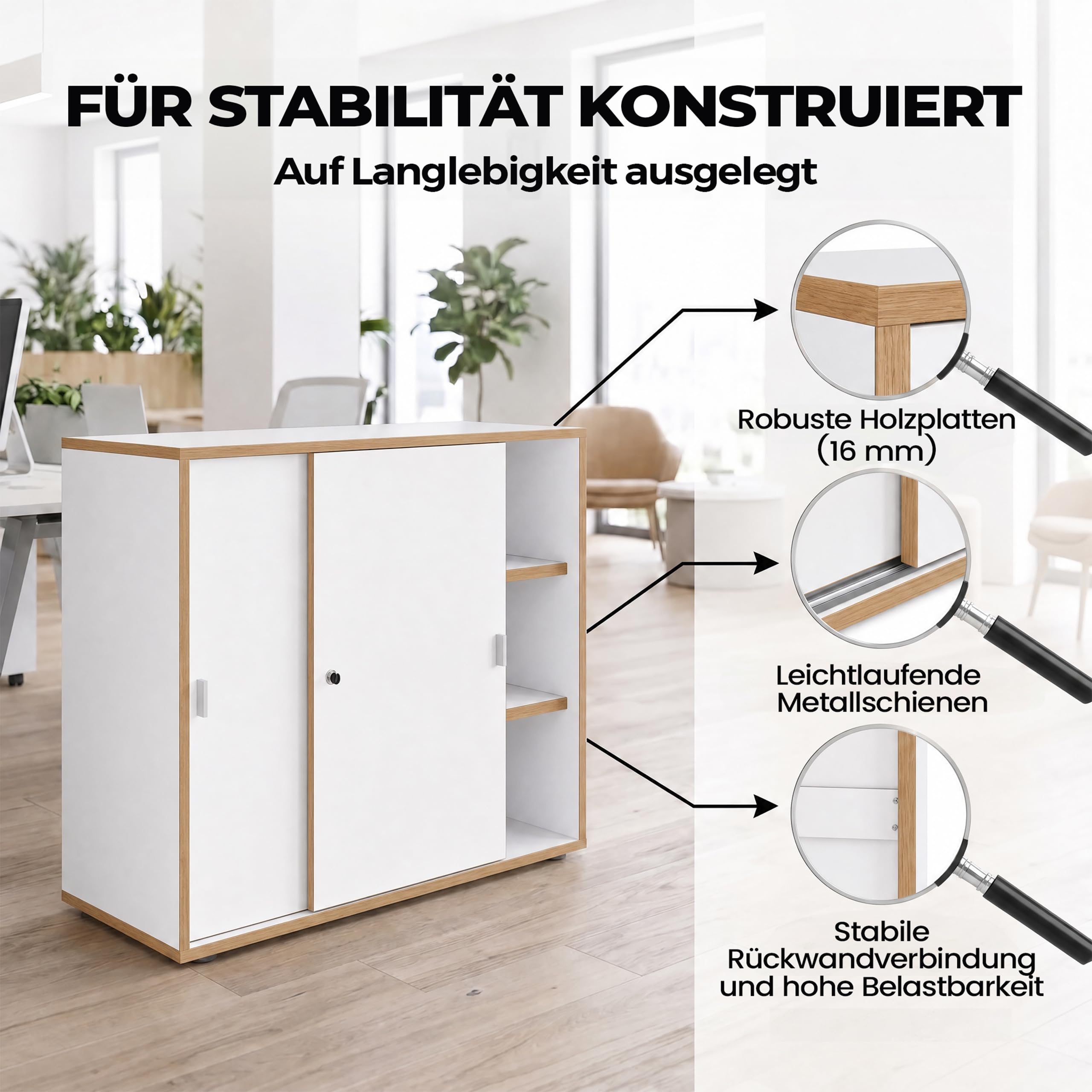 VCM Büroschrank mit 3 Fächern | moderner Aktenschrank mit Schiebetüren | Maße ca. H. 110 x B. 100 x T. 37 cm– Salia 3-Fach