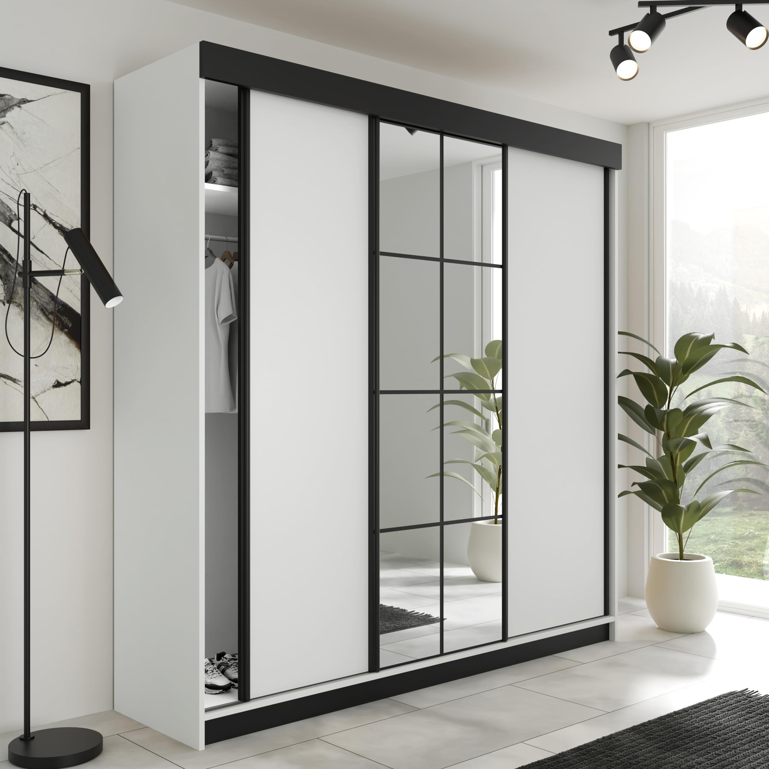 KIER FURNITURE Schiebegarderobe LAMARO mit Spiegel - Schrank Schlafzimmer - Schlafzimmerschrank - Wardrobe Bedroom - Kleiderschränke - Kleiderschrank Weiß - 250x205x59 cm