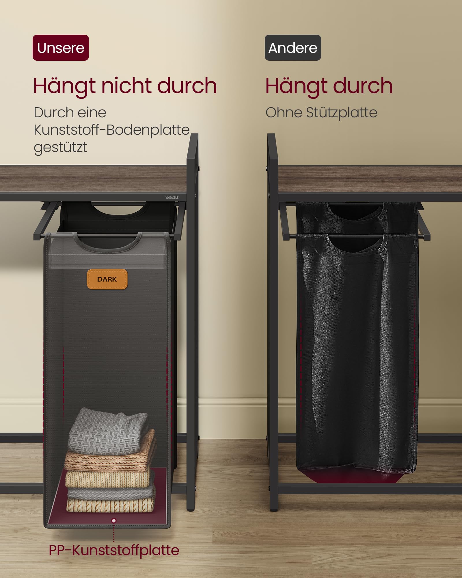 VASAGLE Wäschekorb 2 Fächer, Wäschesammler 100 L, Wäschesortierer, Rollen, Wäschewagen mit Ablagen, Wäschesack, mit abnehmbaren Taschen, 6 Etiketten, kastanienbraun-tintenschwarz-taubengrau BLH311B02