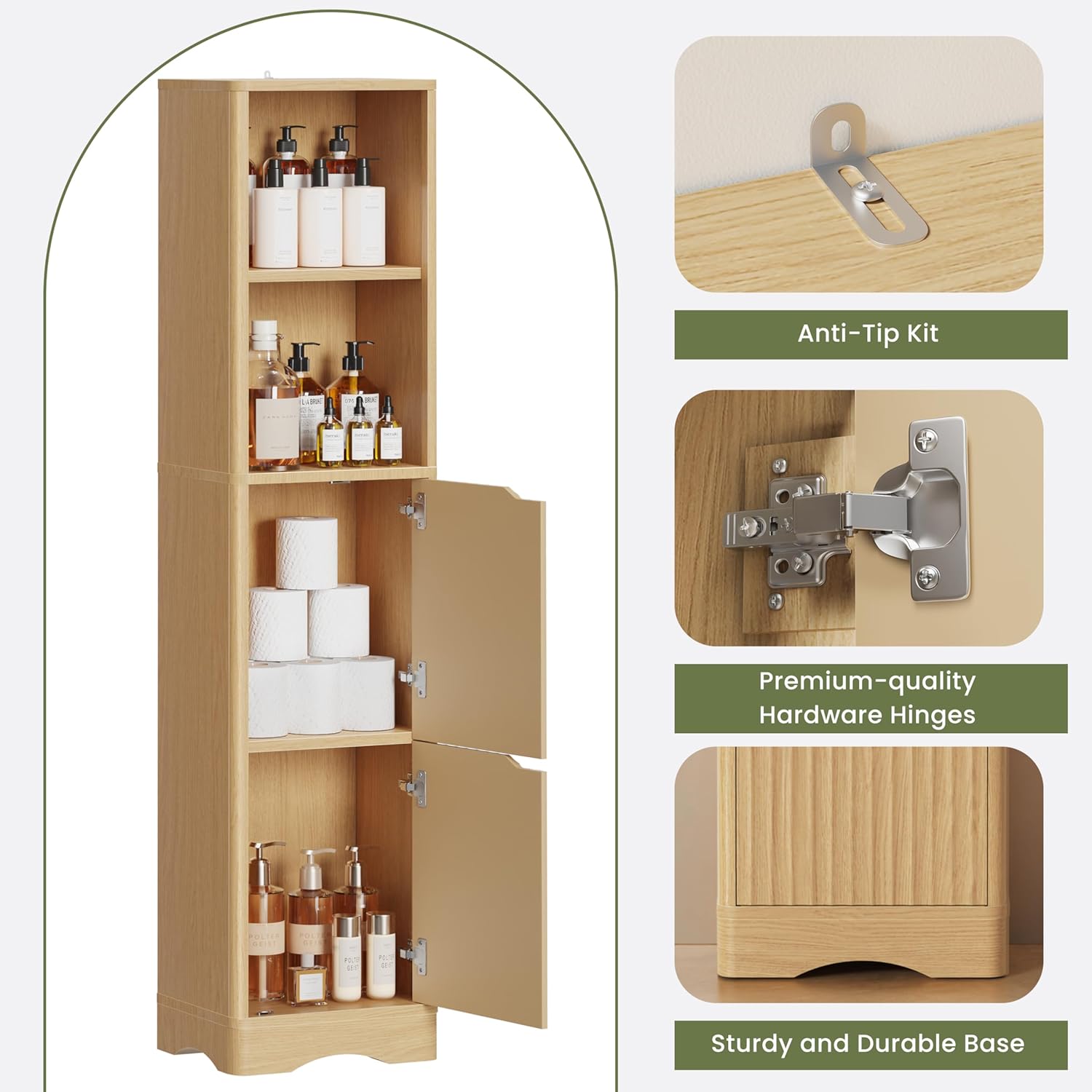 67" Tall Bathroom Organizer and Storage, Narrow Storage Cabinet with 2 Doors and 4 Shelves, Freestanding Floor Storage Unit,15.7" W x 11.8" D x 66.9" H, Nature
