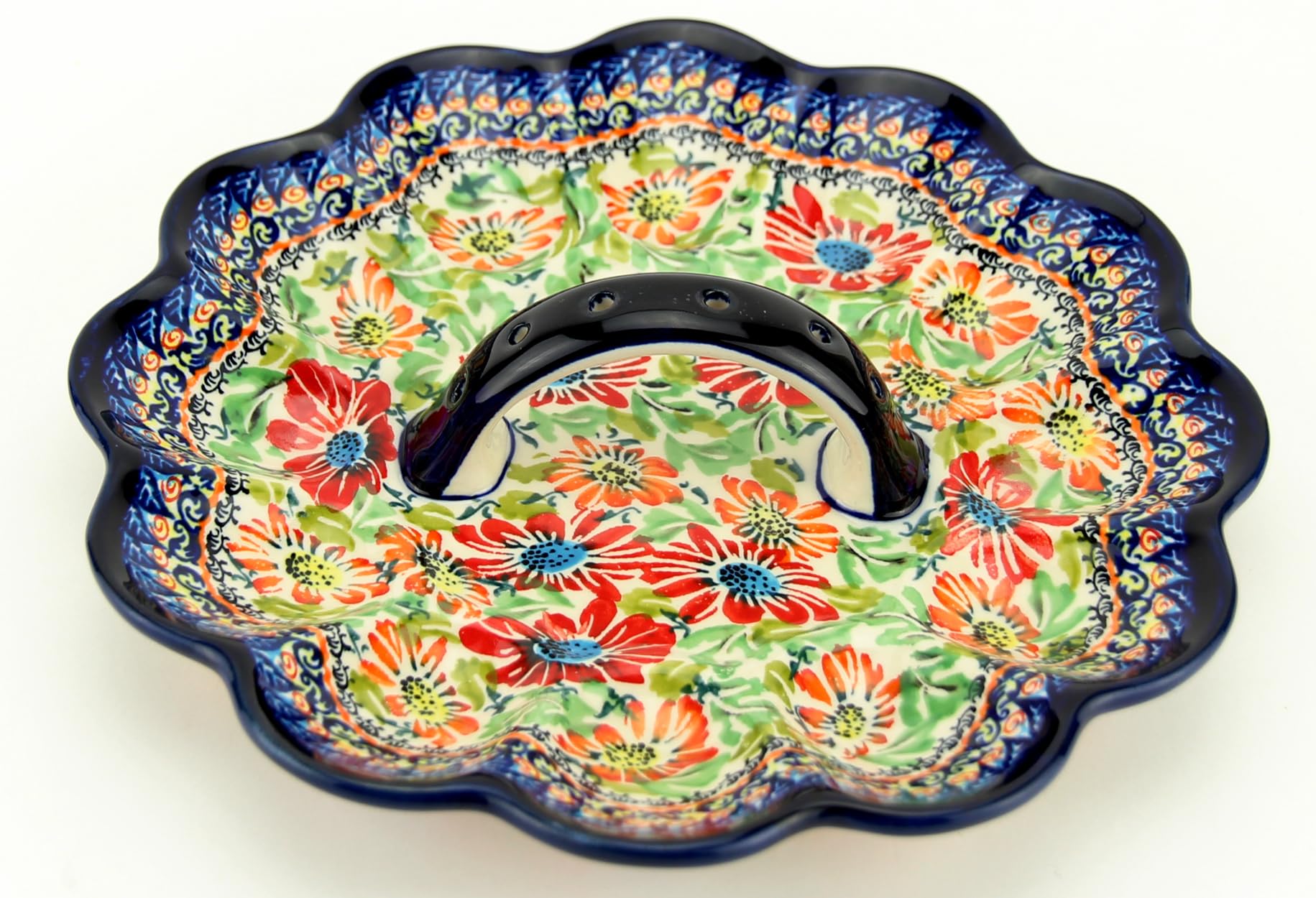 Polish Pottery Deviled Egg Platter, Round Deviled Egg Tray, Deviled Egg Carrier, Zaklady Boleslawiec Poland, Capacity: 12 Eggs, Diameter: 10.5 inches Floral Garden Unikat Design