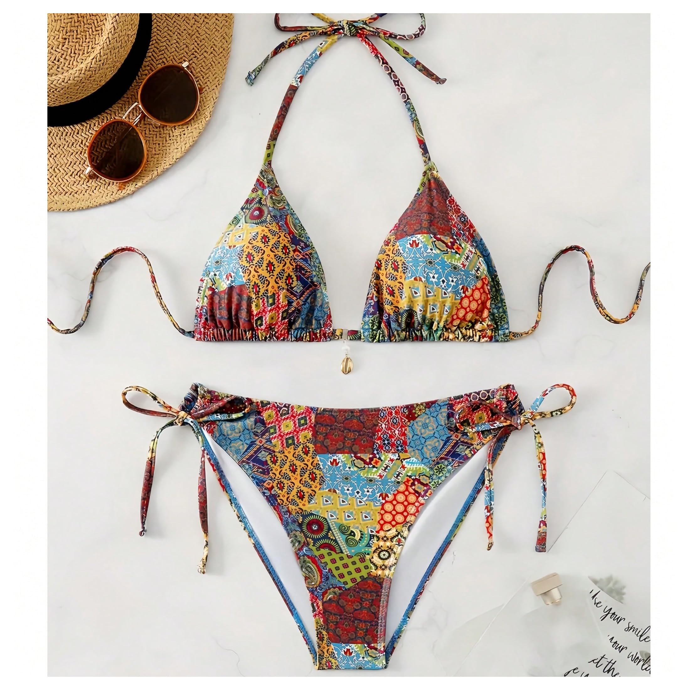 Damskie 2 Szt. Boho Kwiatowy Zestaw Bikini Wiązany Na Szyi Trójkątny Strój Kąpielowy Sznurek Z Przodu Stringi Kostium Wielokolorowy Mały