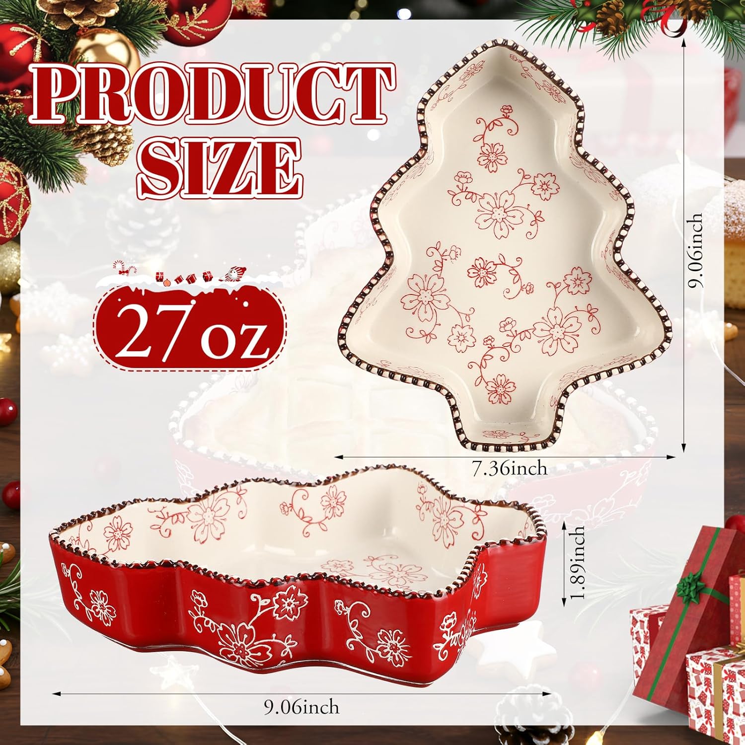 Vesici Christmas Ceramic Pie Pan 9 Inch Christmas Tree Baking Dish 27 OZ Deep Quiche Plate Fluted Pie Dish Baking Pan for Kitchen Cooking Roasting Lasagna (Red)