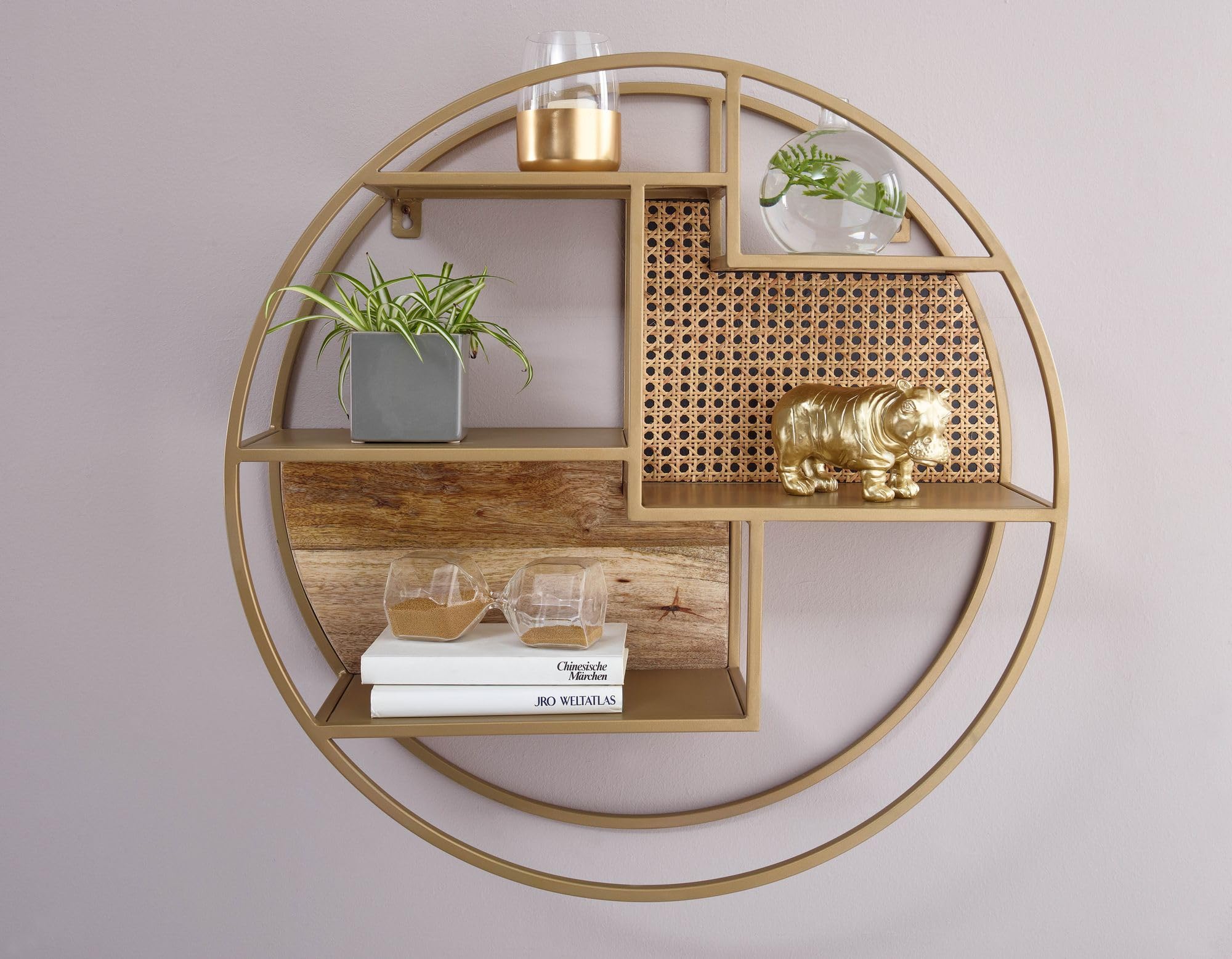 FineBuy Wandregal Rund 62x62x17 cm Massivholz Rattan, Hängeregal