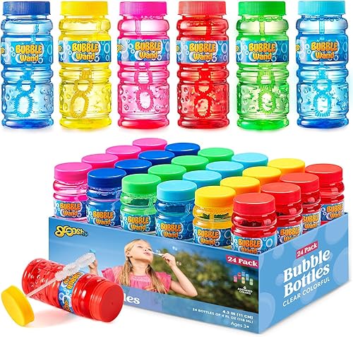 Sloosh Paquete de 24 botellas de solución de burbujas de colores surtidos con varita (4 onzas) para juguetes de burbujas para niños, actividades de