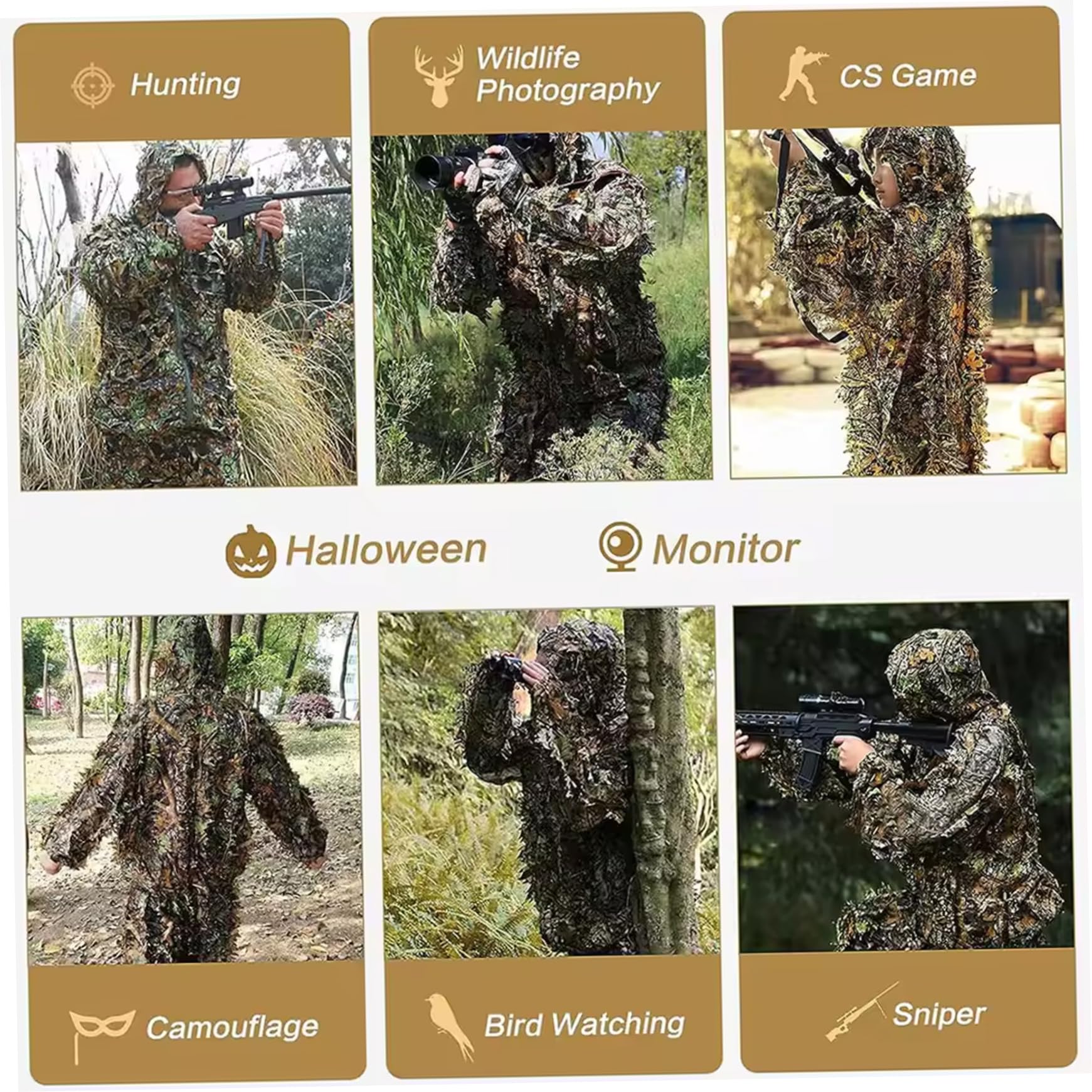 Tuta Ghillie Mimetica Leggera con Foglie, Abbigliamento da Caccia per Uomo, Poncho Ghillie Traspirante per Cacciatori, cecchino, Softair, Paintball, Tuta, Abbigliamento da Caccia Gi