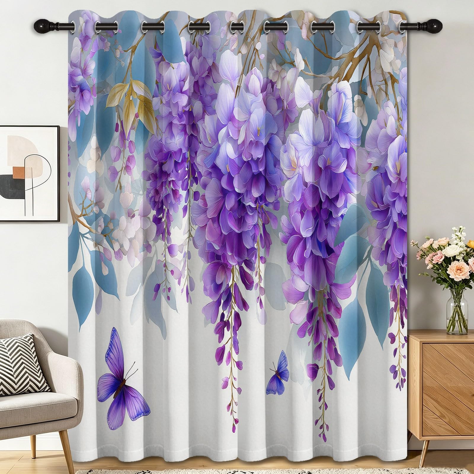 Nowoczesne minimalistyczne zasłony zaciemniające w kwiaty, 140 l x 175 cm, zestaw 2 paneli zaciemniających z glicyny, motyle, nieprzejrzysta zasłona z oczkami, do salonu i sypialni