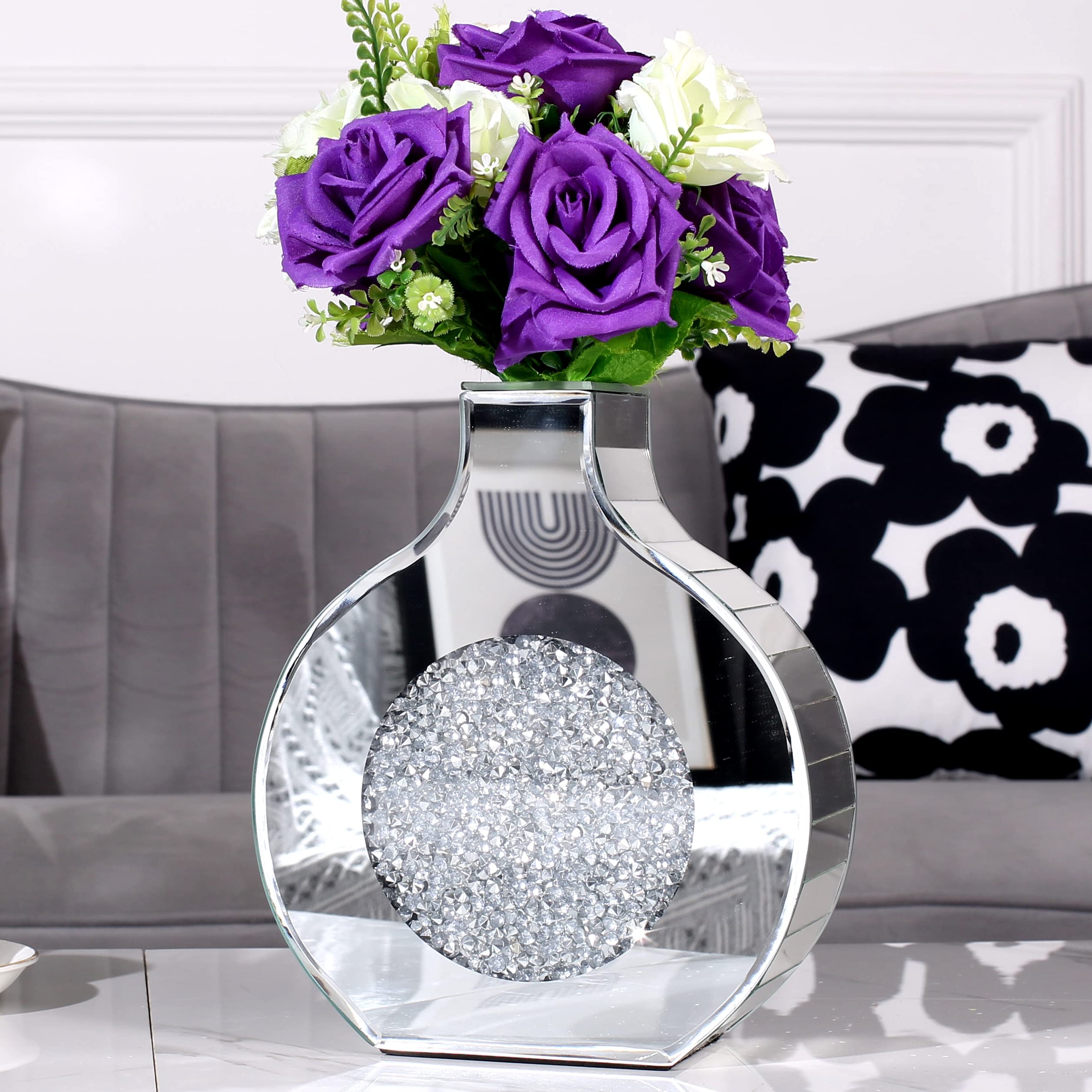Jarrón Decorativo con Espejo de Plata, Jarrón de Diamantes de Lujo, Se Puede Insertar con Flores Secas Y Pampas Grass, Se Puede Usar como Sala De Estar, Decoración De Oficina, Altura 23 cm