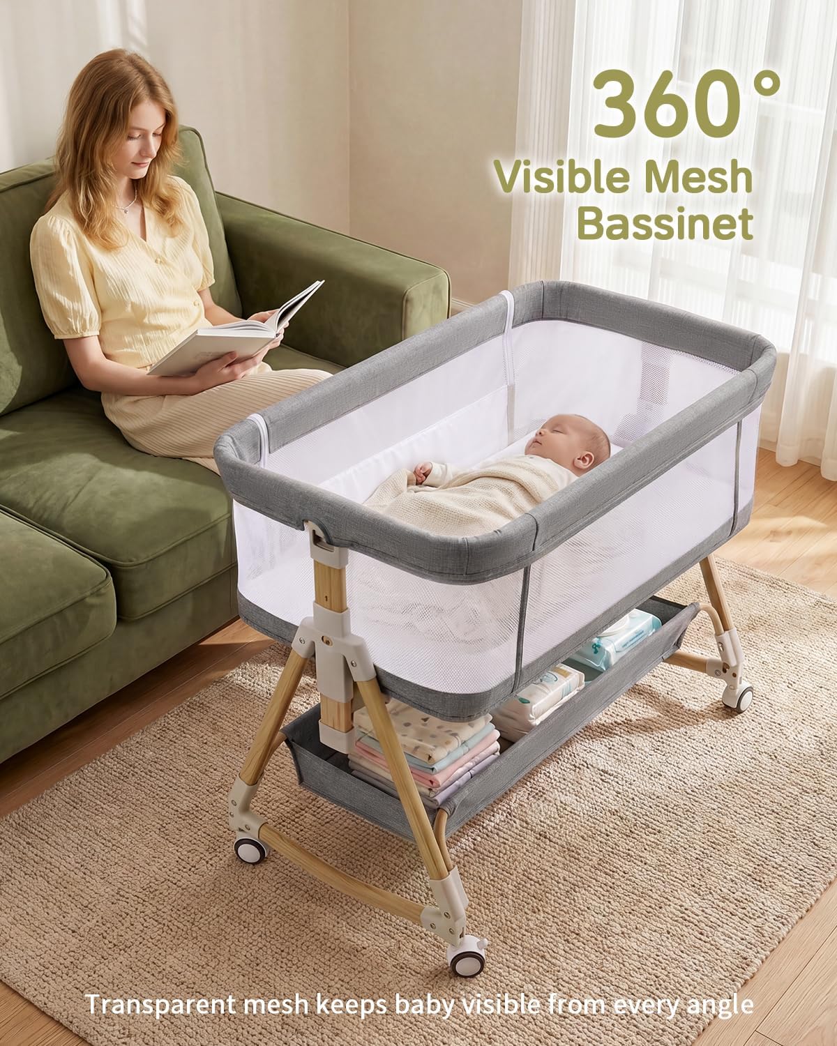 Baby Bassinet Bedside Crib, 3-in-1 Baby Bassinet Bedside Sleeper，Rocking Bedside Bassinet with Wheels, Adjustable Easy Folding Portable Bed for Infant Newborn (Grey)