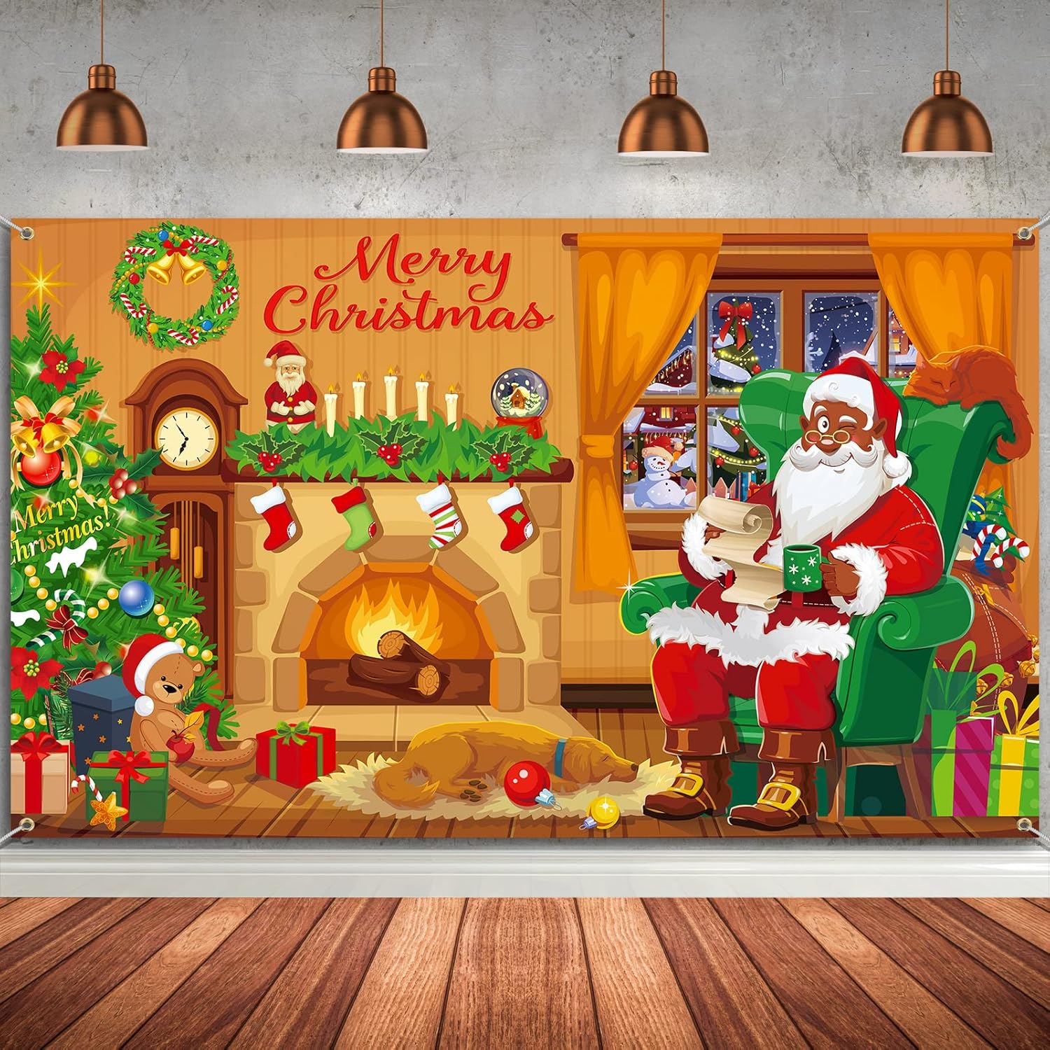 Merry Christmas Backdrop Xmas Black Santa Claus Background Decoration for Photography Fireplace Wall Hanging Banner Photo Booth Prop for Winter Home New Year Holiday Party Favor Supplies
