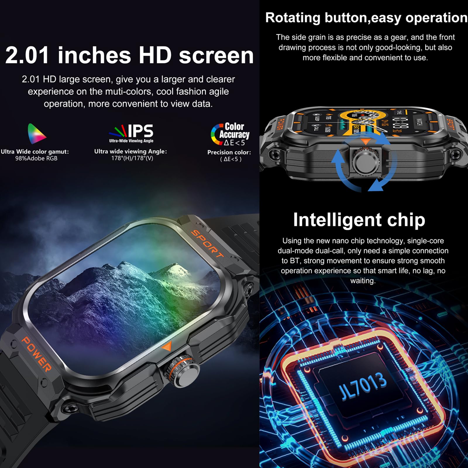 GT55 - Smartwatch militare con auricolari, robusto, tattico, con cuffie TWS, Bluetooth, chiamate, sport, attività all'aperto, fitness, monitoraggio della salute, orologio musicale per iPhone e Android