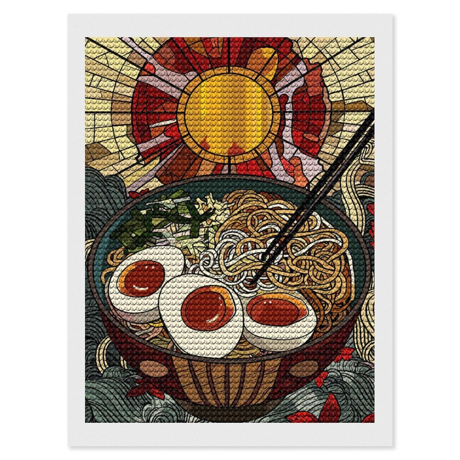 Junmoney Ramen Bowl with Stained Glass Sun Diamond Painting Kit 12"x16", Thoughtful Handmade Gift, for Creative Relaxation, Printed Canvas, Cosy Home Accent