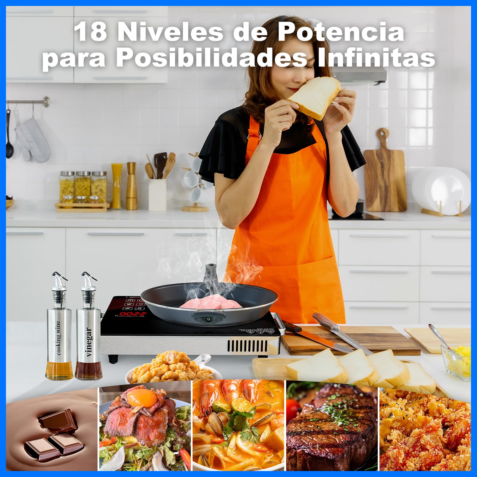 Placa de Cocina Electrica Portatil 1 Fuego 2200W, Placa de Cocina Electrica Pequeña con Controles Táctiles y 18 Niveles de Potencia, Placa de cocción Para, viajes y campings.