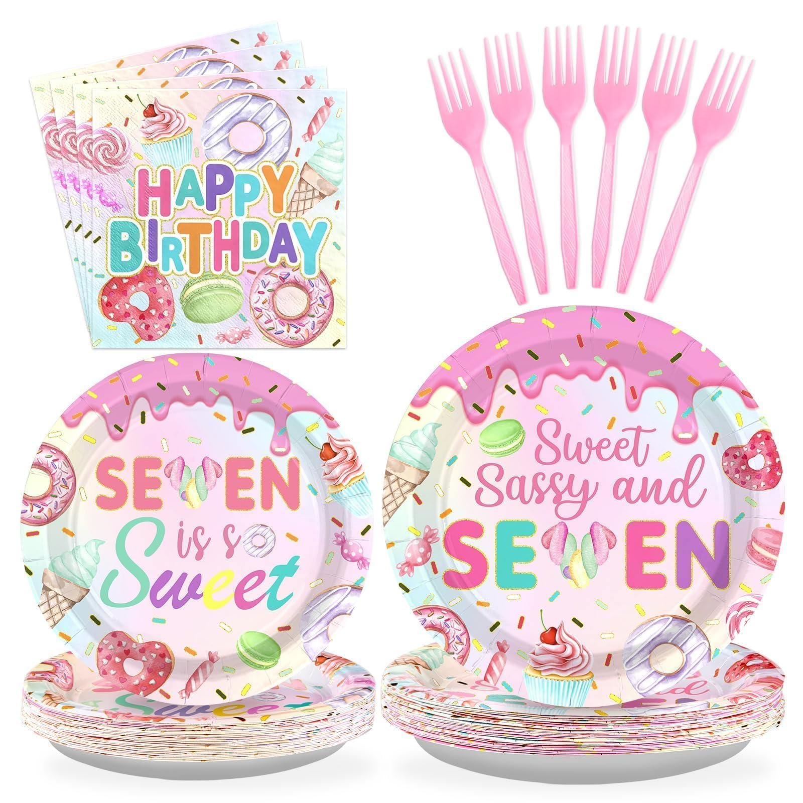 Grencian 96 Pcs Sweet Sassy Donut 7th Birthday Party Decorations, Serves 24