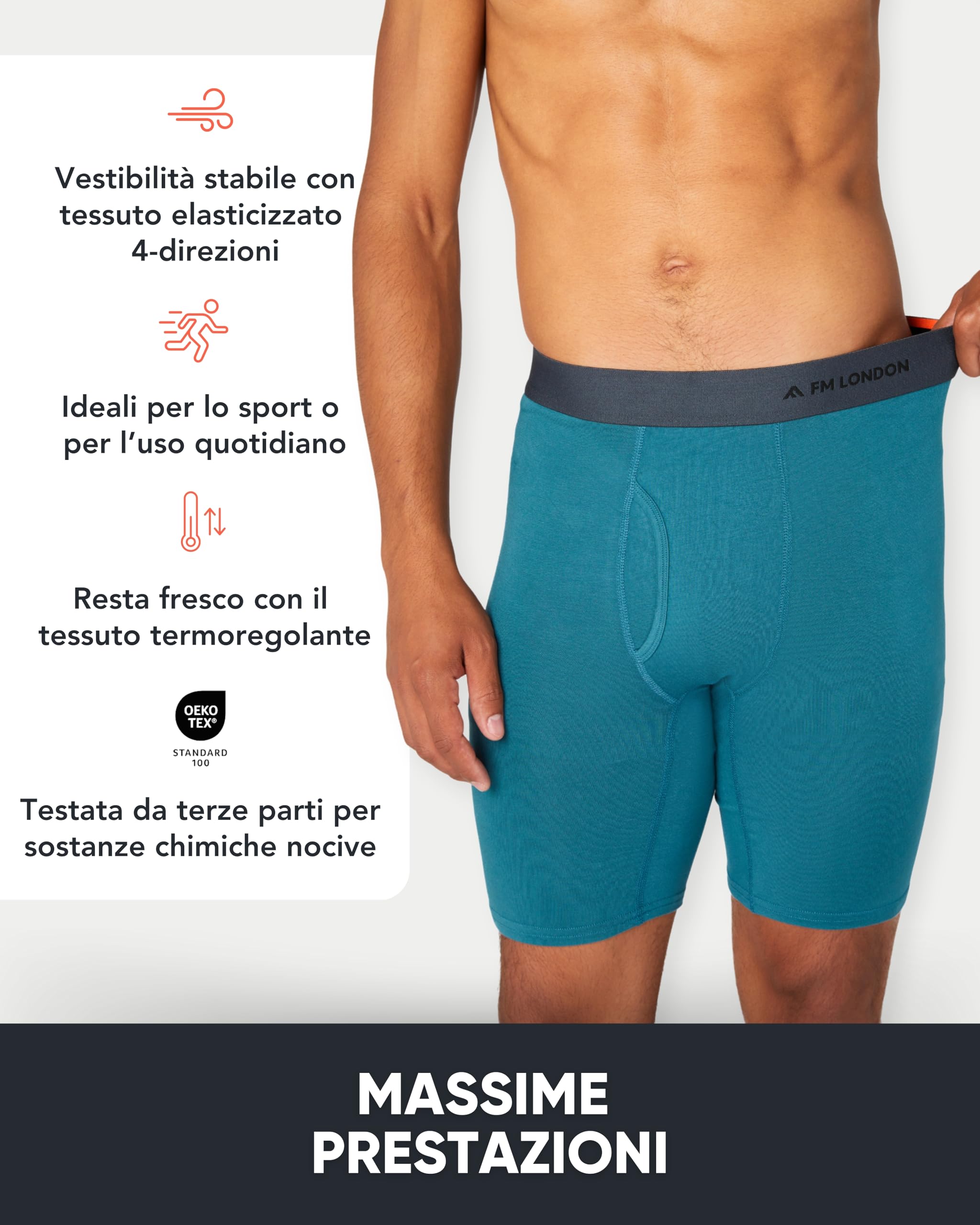 FM London Boxer Uomo Bamboo a Gamba Lunga Confezione da 4 - Boxer Uomo Lunghi Super Morbidi, Anti-Sfregamento, Traspiranti, con Apertura Frontale a Fessura