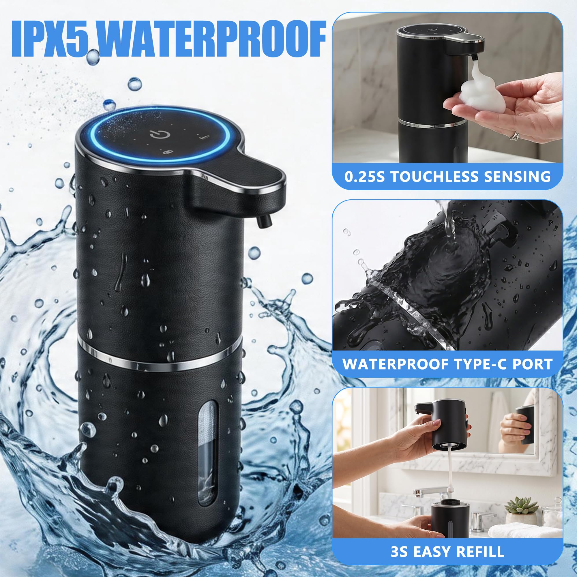 Paquete de 2 dispensadores automáticos de jabón de espuma, dispensador de jabón de manos inteligente recargable por USB con 4 niveles ajustables, 380 ml, montado en la pared o encimera, IPX5